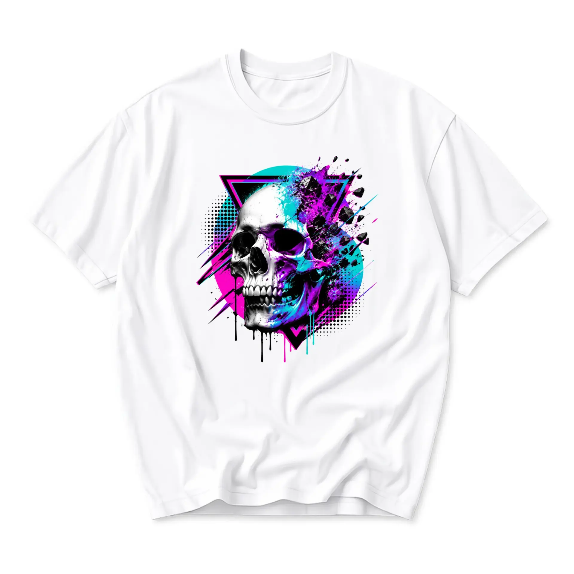 Graphic Tee Skull Art Shirt Electric Color Splatter Design Unisex Crew Neck Short Sleeve Casual Cotton Blend Top