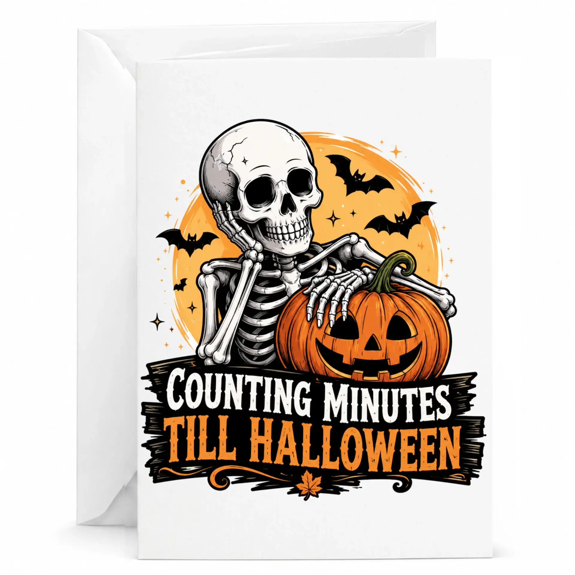 Funny Greeting Card Counting Minutes Till Halloween Featuring a Relaxing Skeleton with a O Lantern Pumpkin