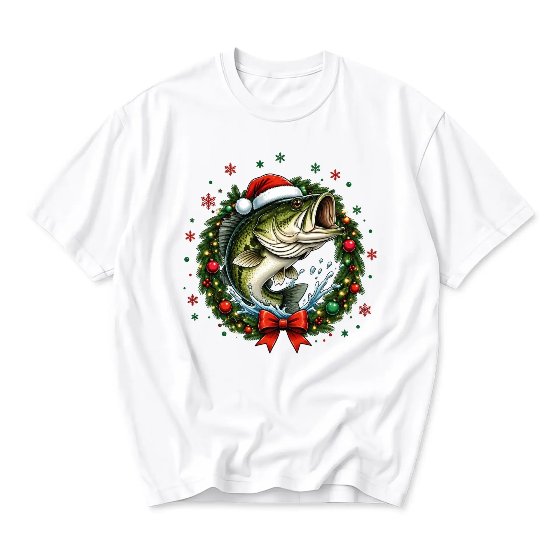 Graphic Tee Christmas Fishing Bass Shirt Holiday Outdoors Novelty Apparel for Men and Women Casual Crew Neck Top