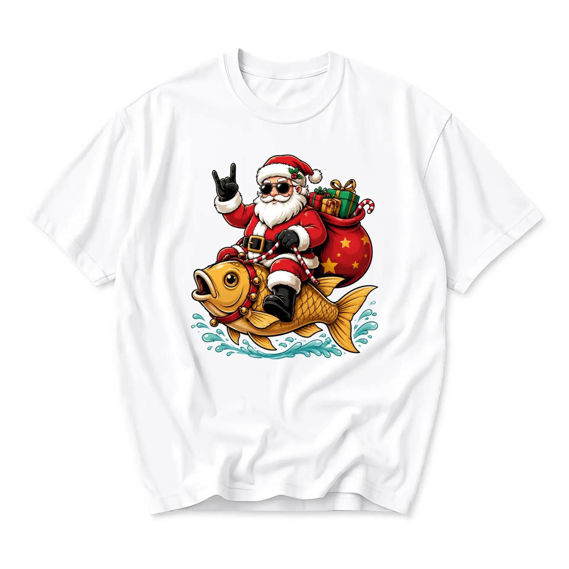 Graphic Tee Unisex Crew Neck Short Sleeve Shirt Featuring Santa Claus Riding a Giant Golden Fish Funny Holiday Design
