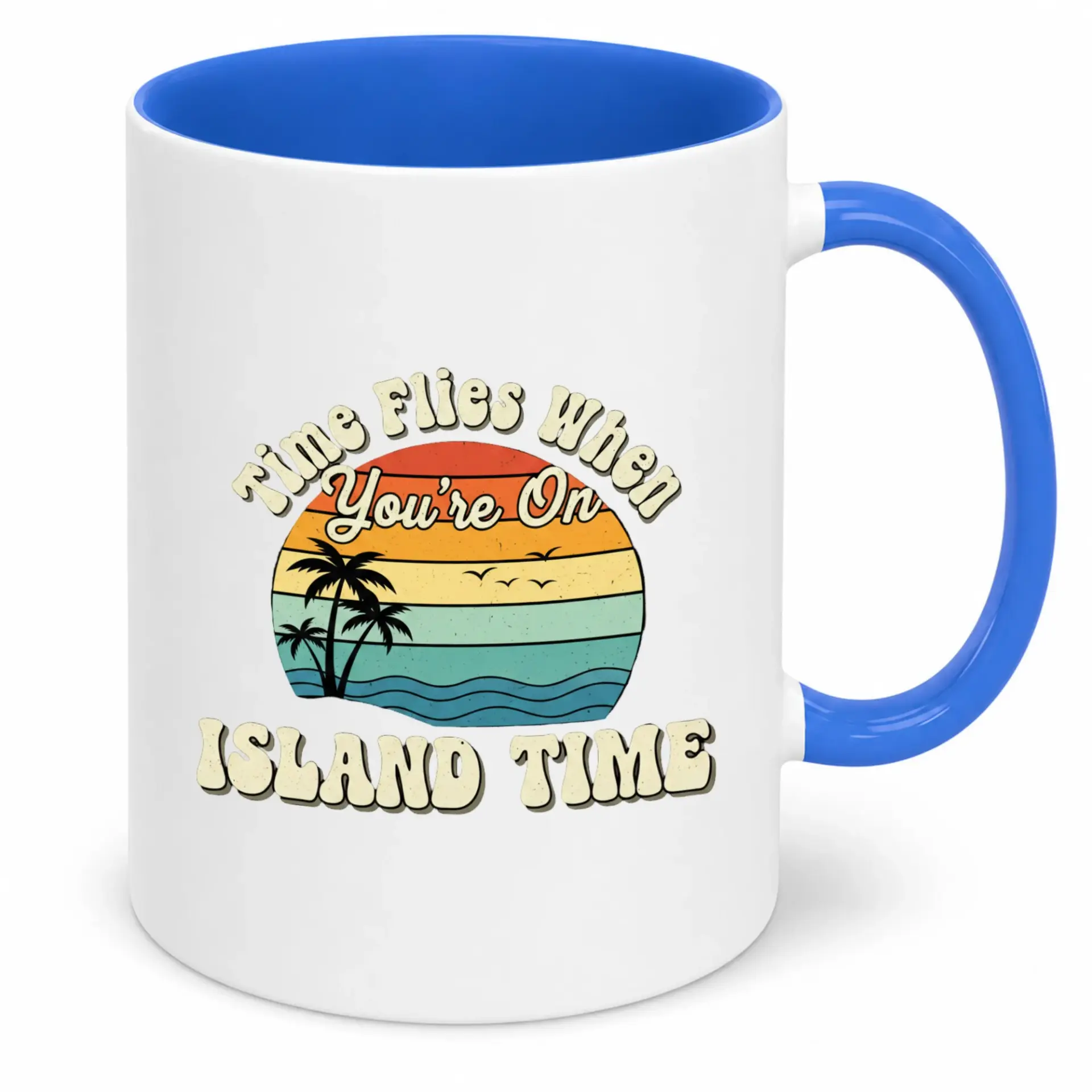 Funny Island Time Coffee Mug Ceramic – Retro Sunset Trees Beach Vacation Theme Drinkware – Unique Tropical Gift Idea for Lovers