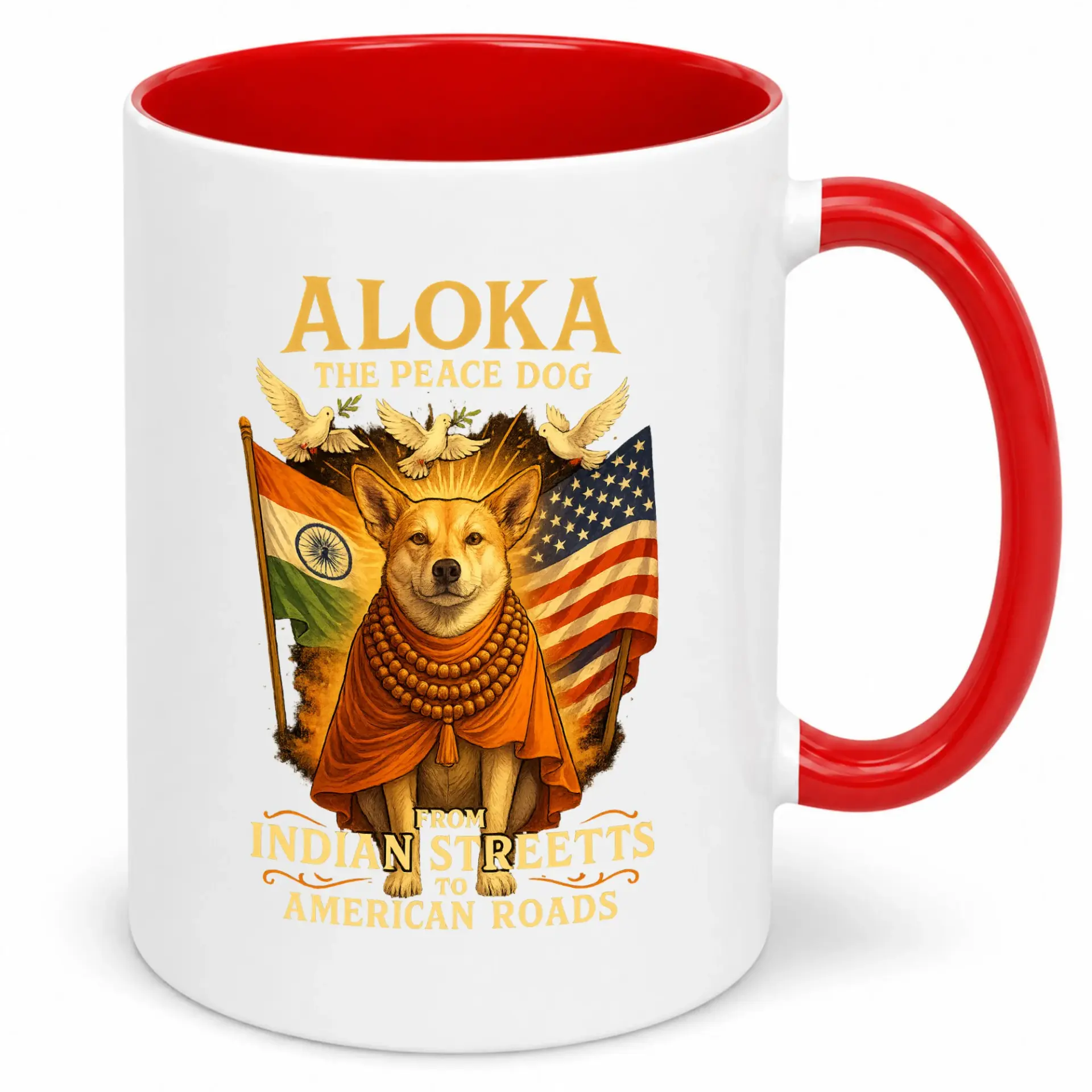 Ceramic Coffee Mug with Aloka the Peace Dog Design, Indian and American Flags Motif, Decorative Drinkware for Home or Office, Unique Gift Idea