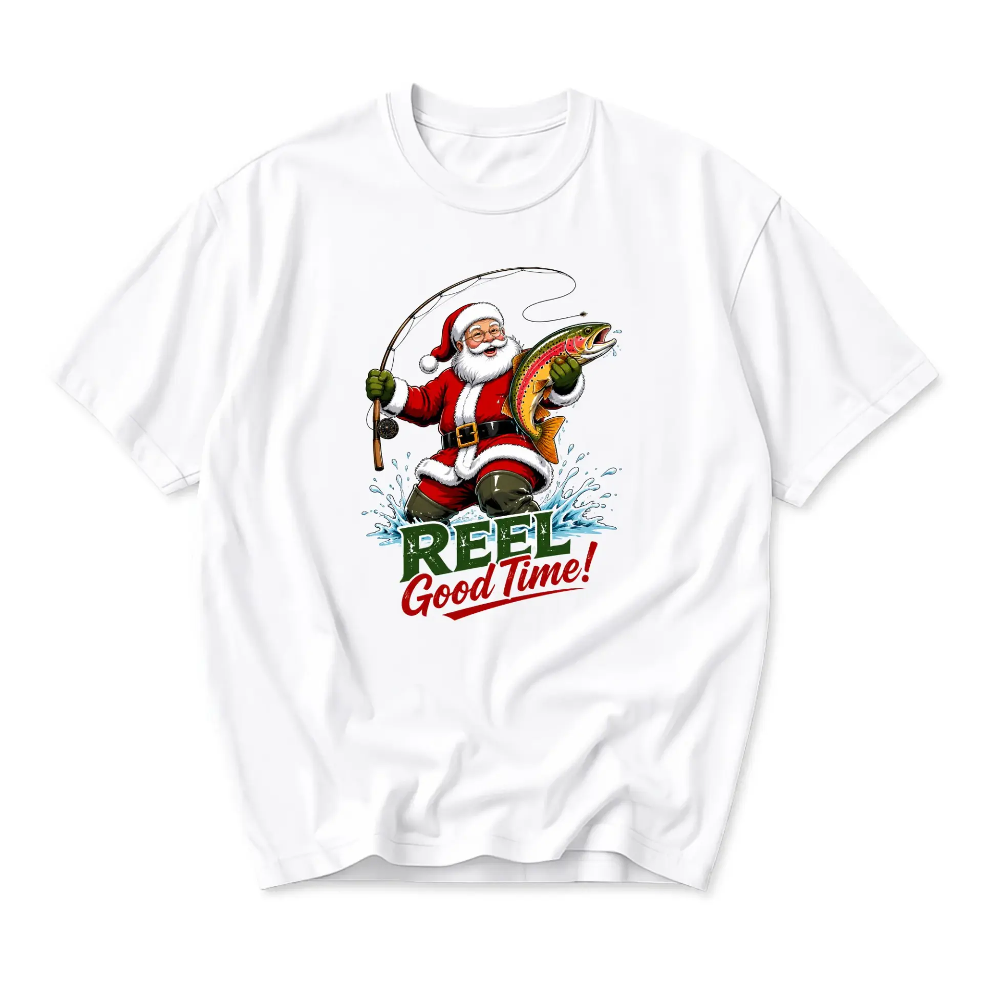 Funny Shirt Reel Good Time Santa Fishing Graphic Tee Casual Holiday Unisex
