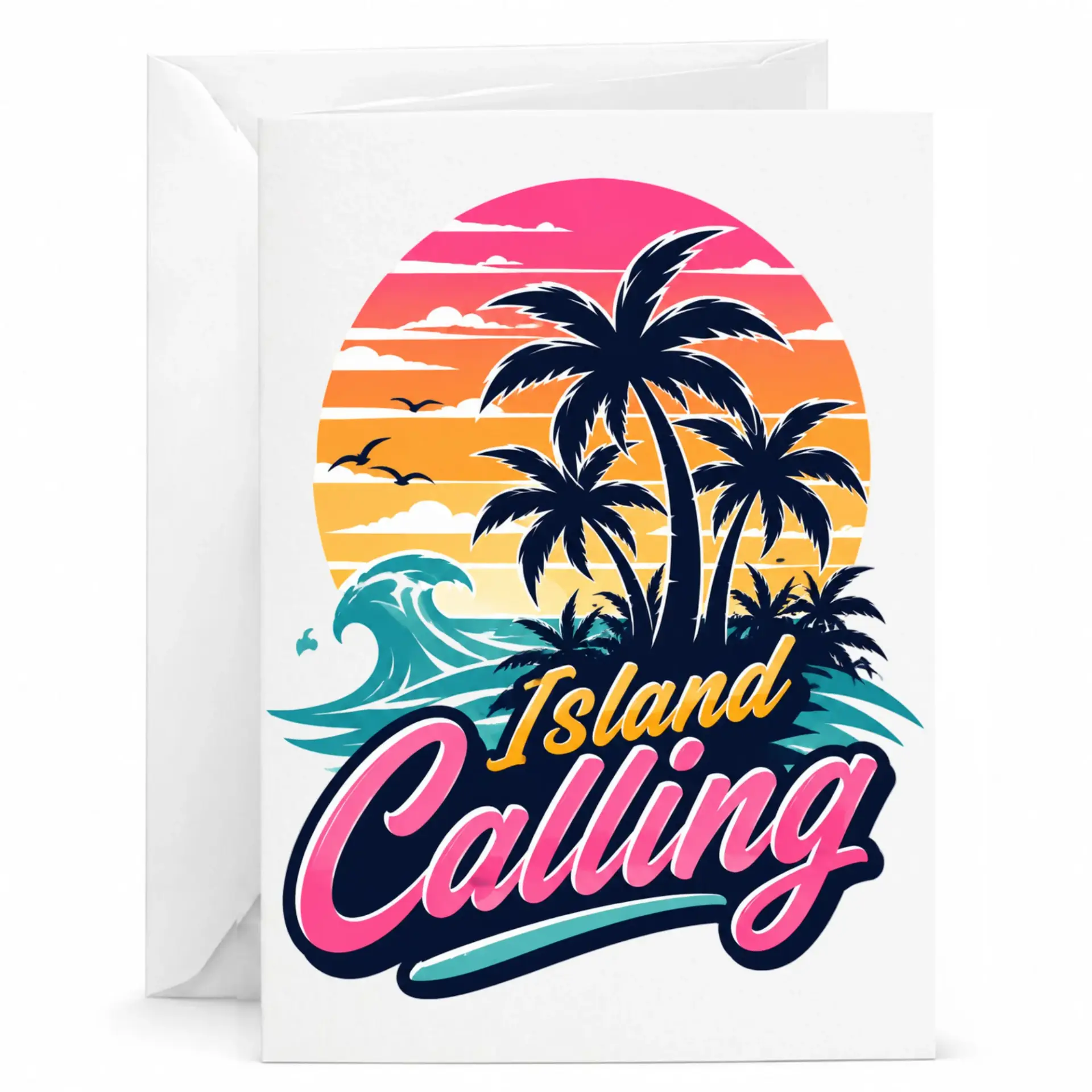 Greeting Card Island Calling Tropical Sunset Palm Tree Design for Vacation Vibes and Relaxing Coastal Beach Greetings