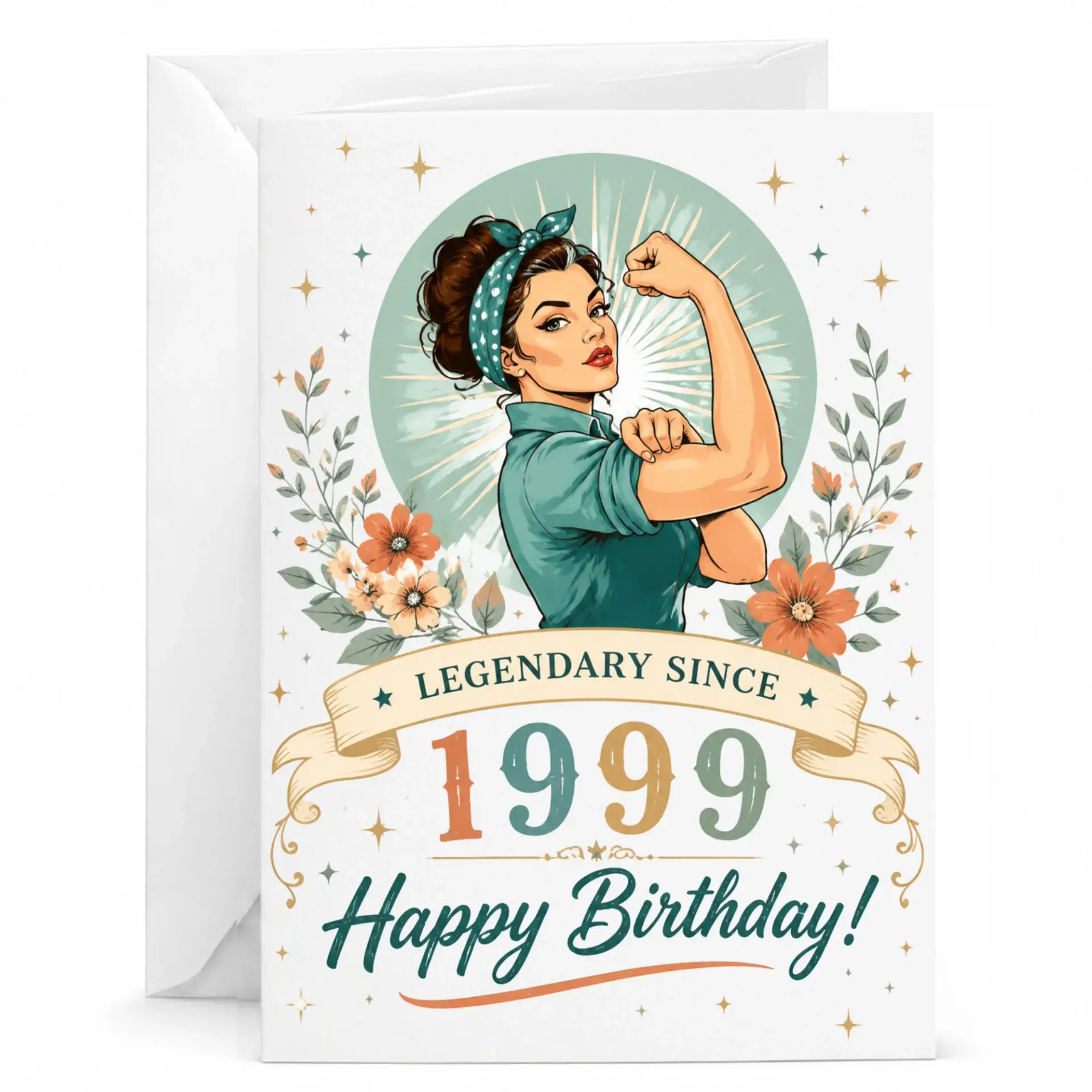 Birthday Card Legendary Since 1999 Vintage Style Retro Rosie Illustration Greeting Card for Milestone Birthday Celebration