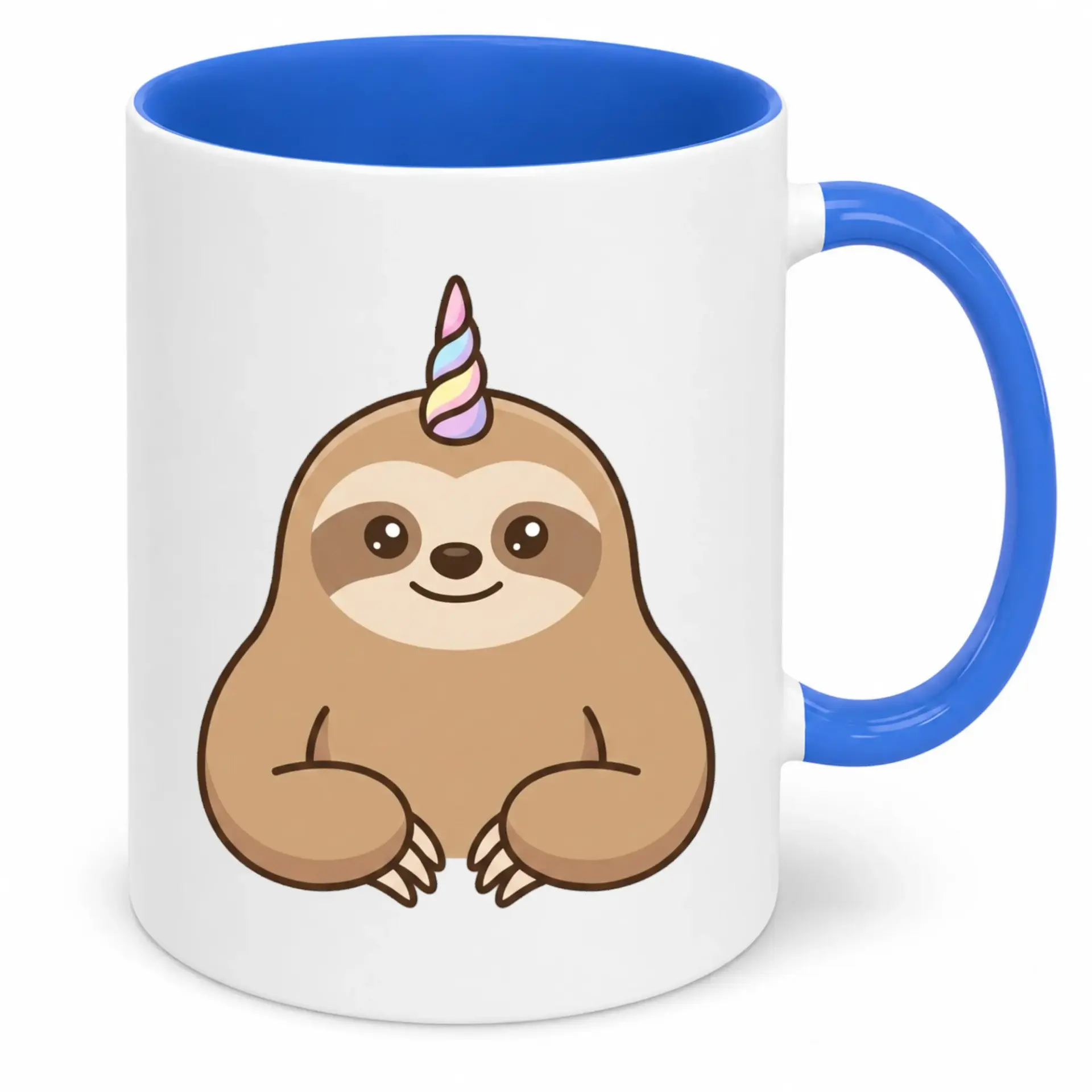Cute Sloth Unicorn Ceramic Coffee Mug with Blue Handle, Adorable Animal Character Design, Unique Drinkware Gift