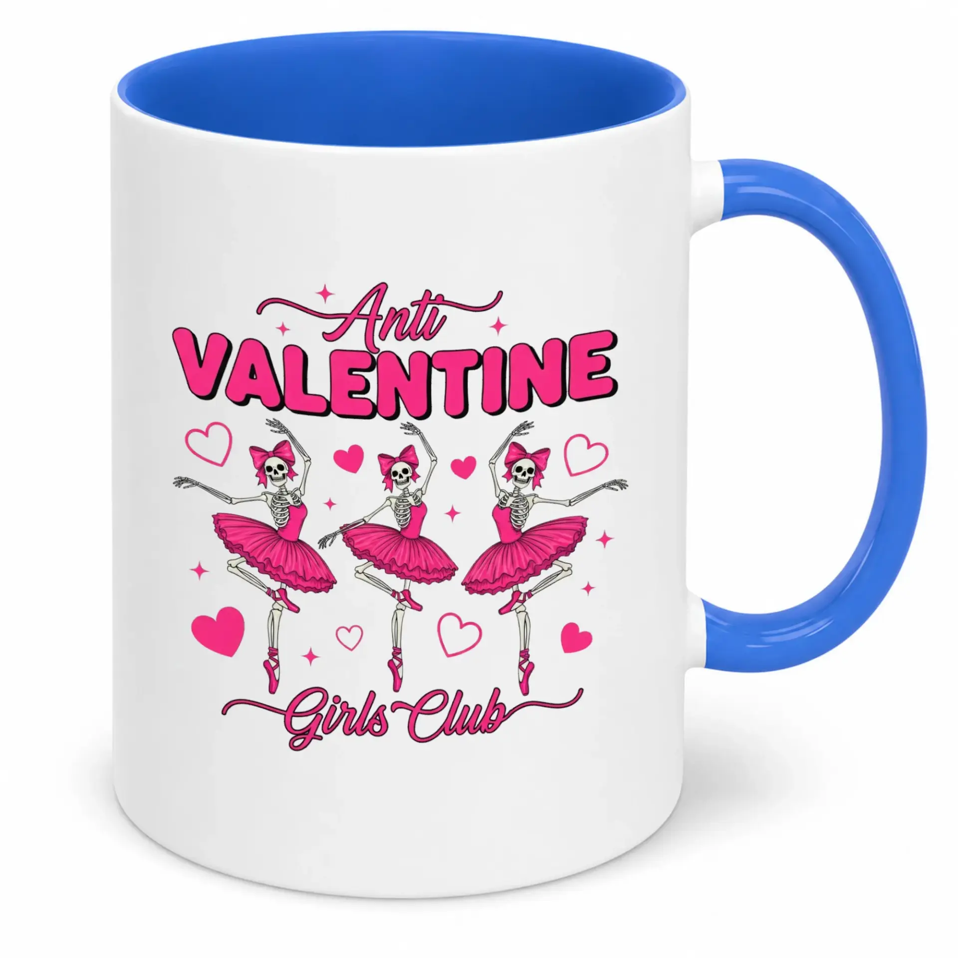 Funny Anti Valentine Girls Club Skeleton Ballerina Ceramic Coffee Mug with Blue Handle and Interior - Unique Hot Cocoa and Tea Cup Gift