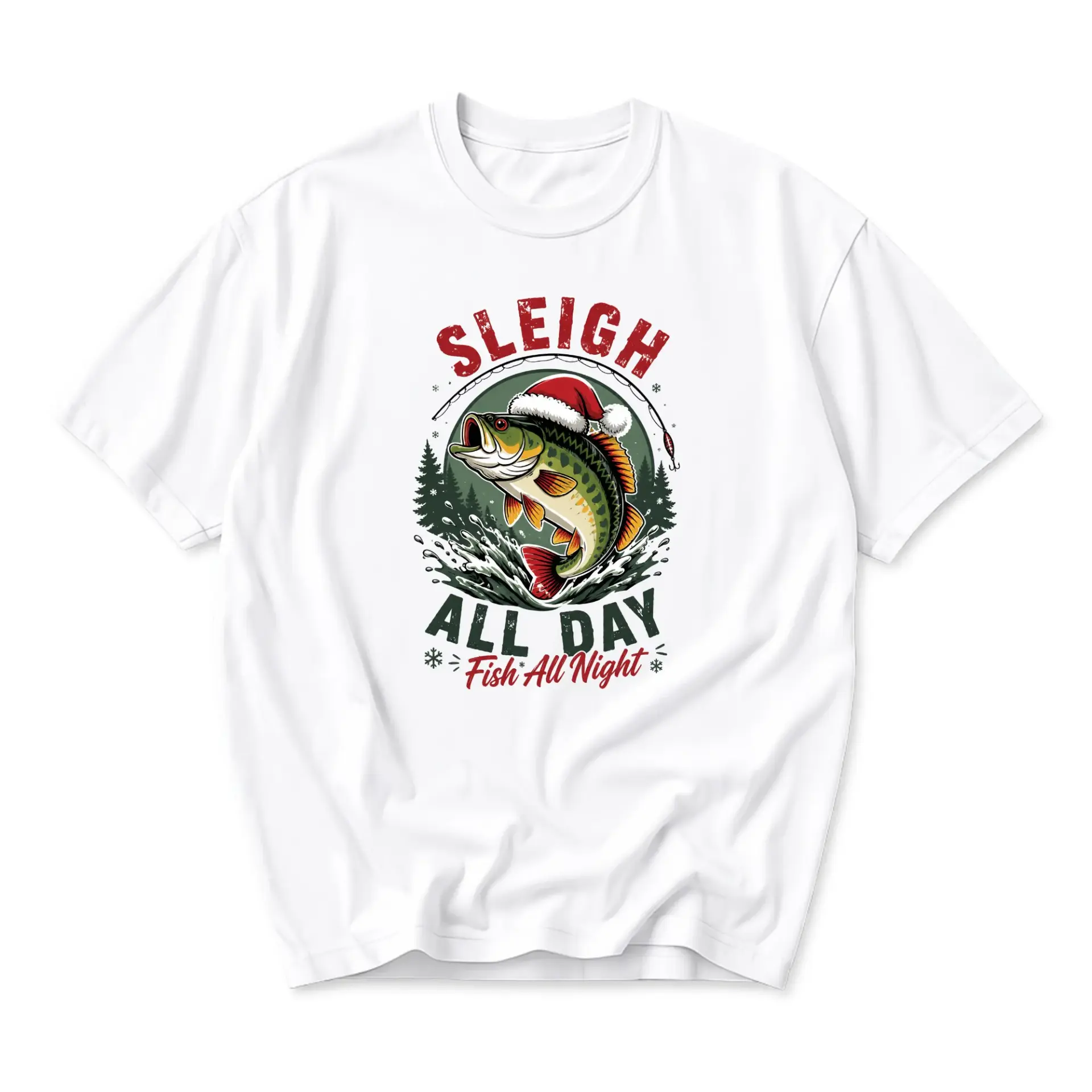 Funny Shirt Sleigh All Day Fish Night Graphic Tee Unisex Crew Neck Short Sleeve Casual Holiday Apparel White