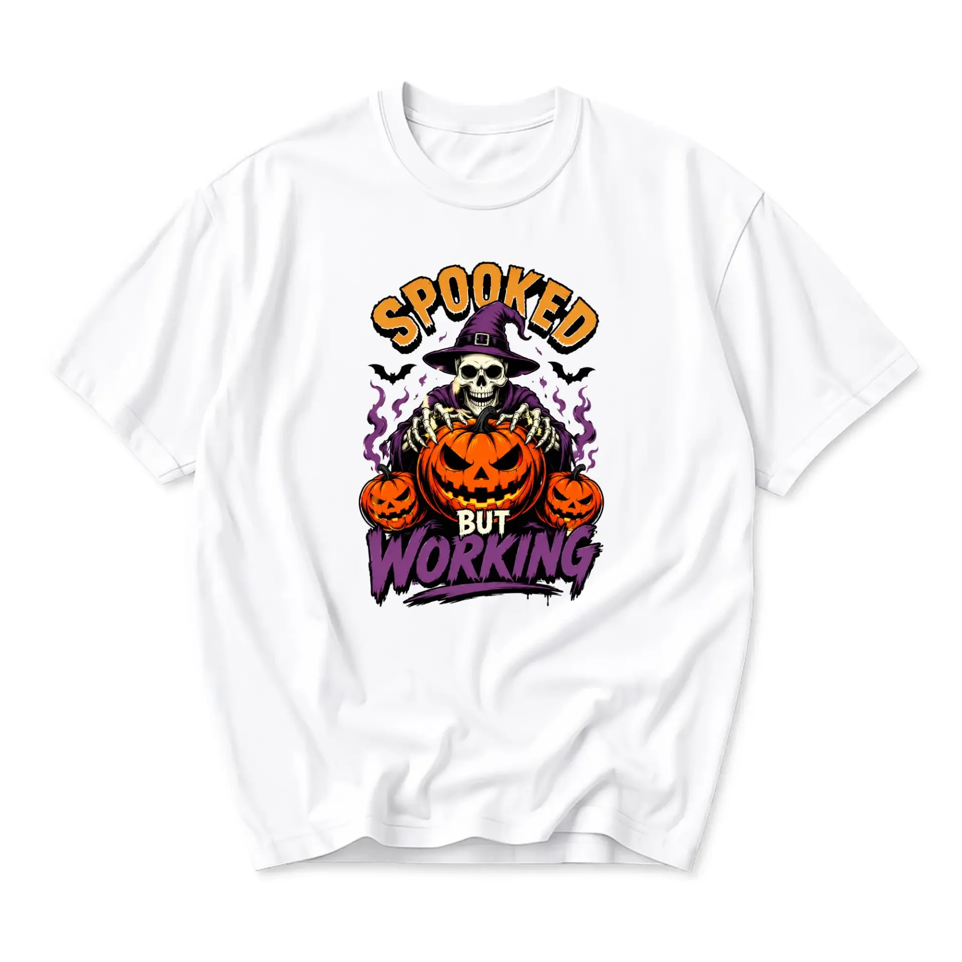 Funny Shirt Spooked but Working Skeleton Graphic Tee Halloween Inspired Unisex Crew Neck Casual Cotton Blend Top