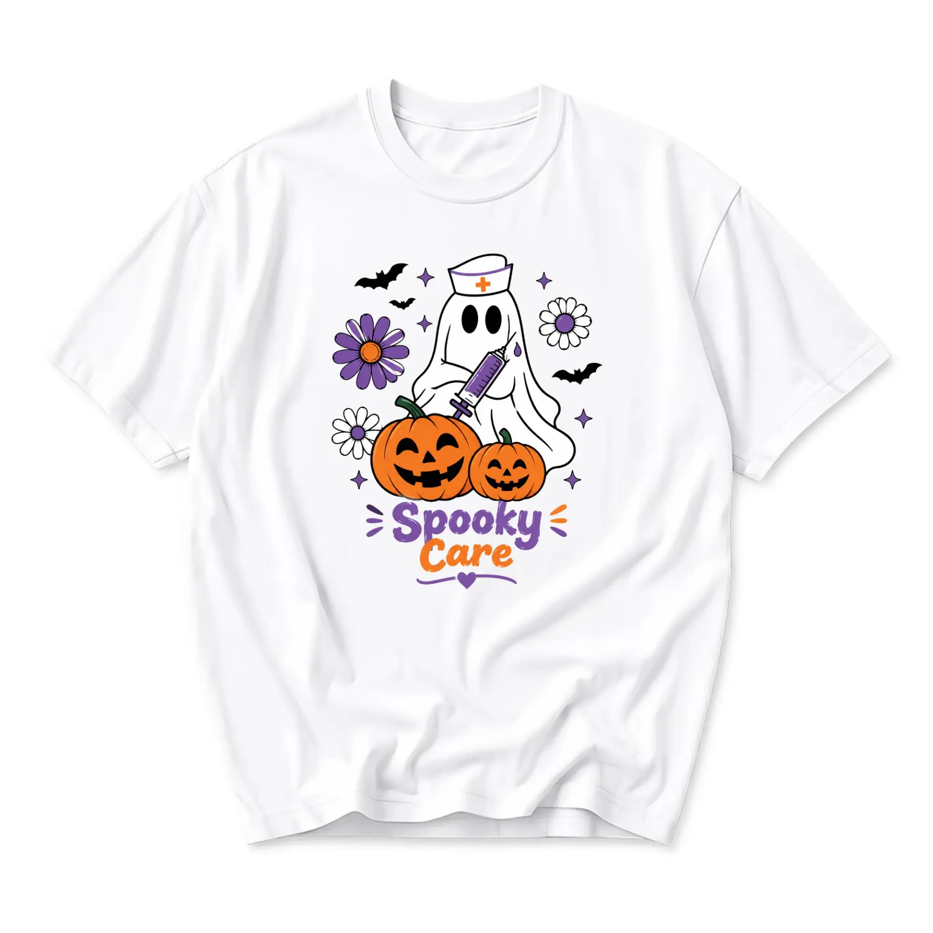 Graphic Tee Spooky Care Ghost Nurse Halloween T-Shirt Unisex Crew Neck Casual Everyday Apparel White Cotton Shirt