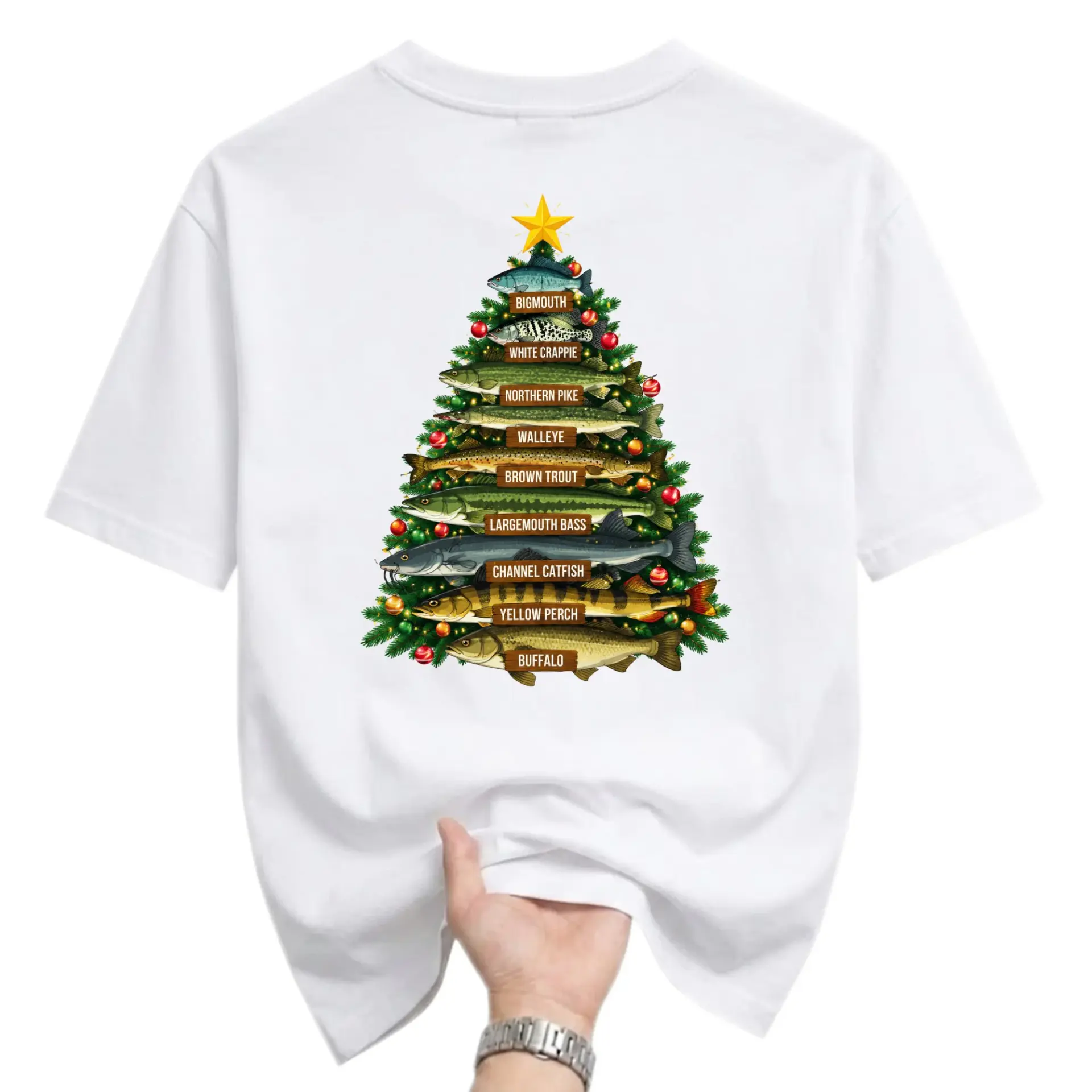 Graphic Tee Christmas Fishing Tree Shirt Fun Holiday Apparel Unisex Crew Neck Short Sleeve Casual Cotton Blend