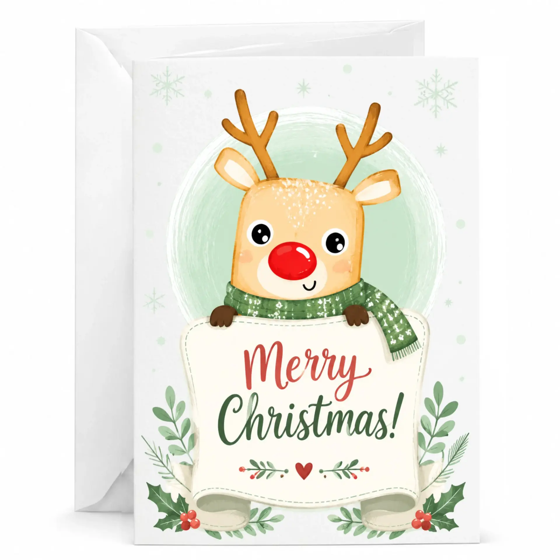Greeting Card Merry Christmas Reindeer Festive Holiday Note Card with Matching Envelope for Seasonal Well Wishes