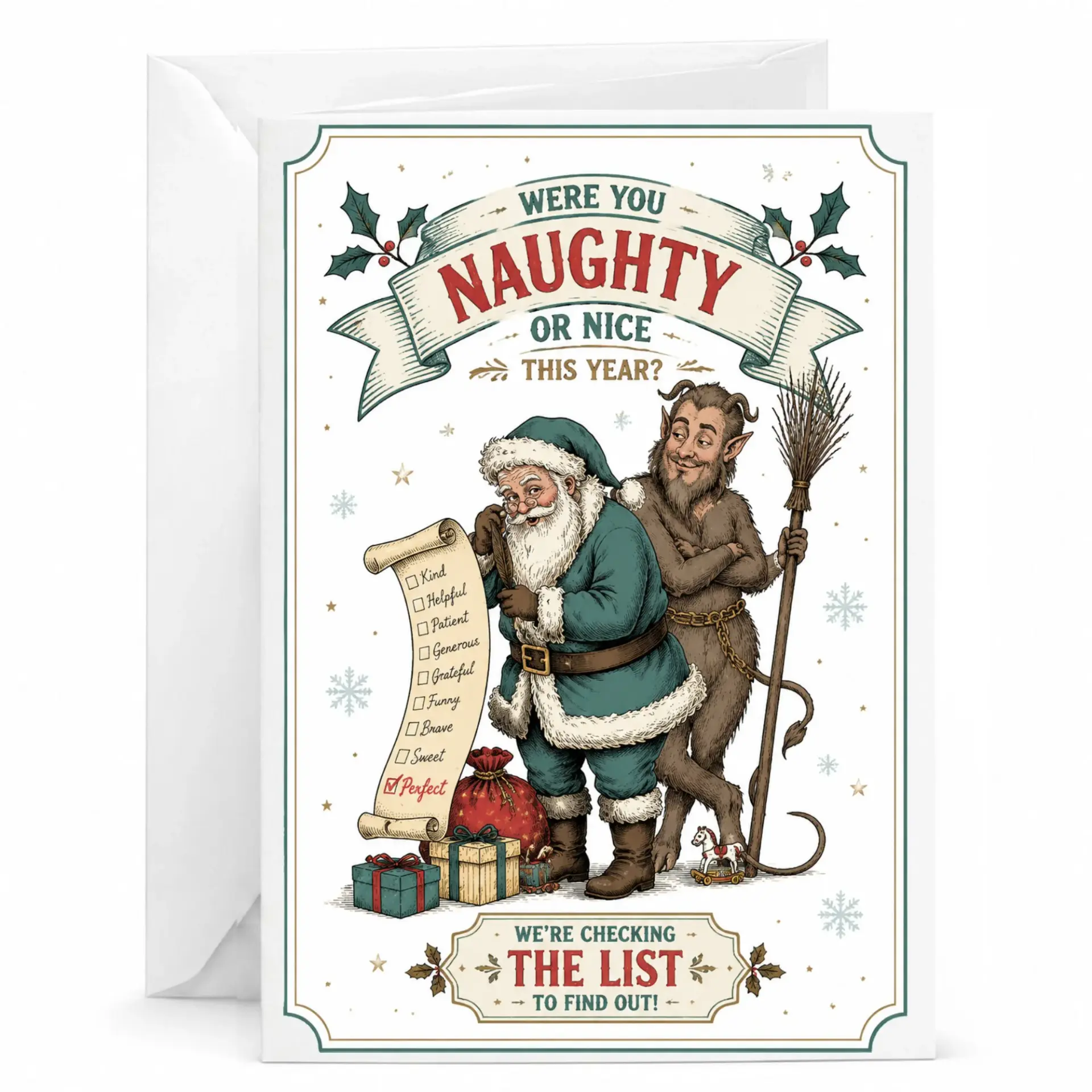 Funny Christmas Greeting Card, Naughty or Nice List Holiday Note for Friends and Family, 5x7 Folded Card with Envelope