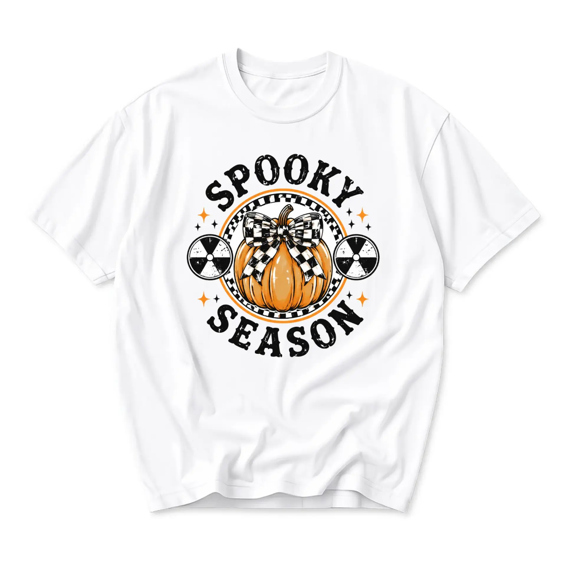 Graphic Tee Spooky Season Pumpkin with Checkered Bow Unisex Casual Crew Neck T-Shirt for Everyday Autumn Fashion