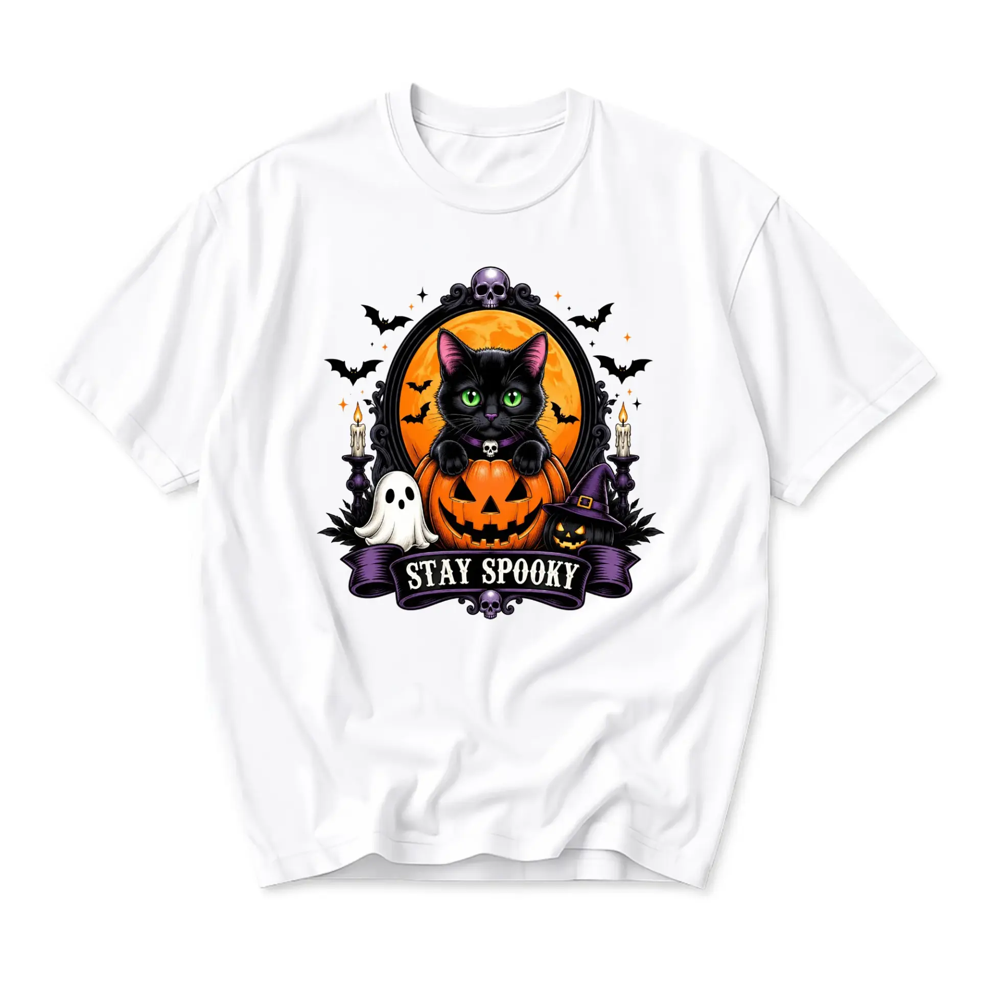 Funny Shirt Stay Spooky Black Cat Pumpkin Halloween Graphic Tee Unisex Crew Neck Casual Cotton Blend Apparel White