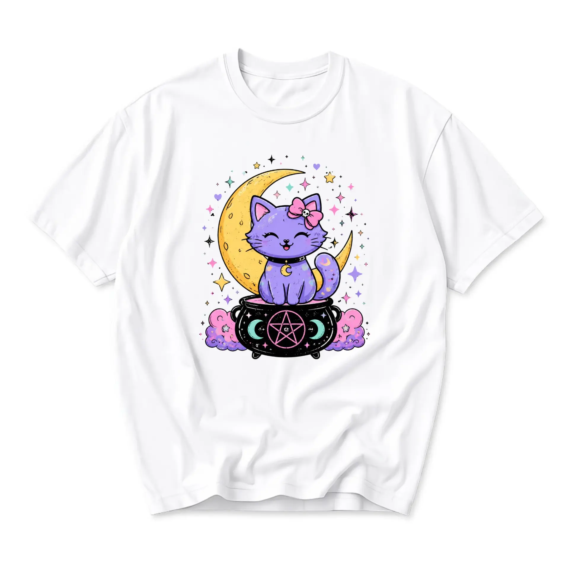 Graphic Tee Unisex Crew Neck T-Shirt Featuring a Whimsical Purple Cat Sitting on a Witchy Cauldron Moon Design