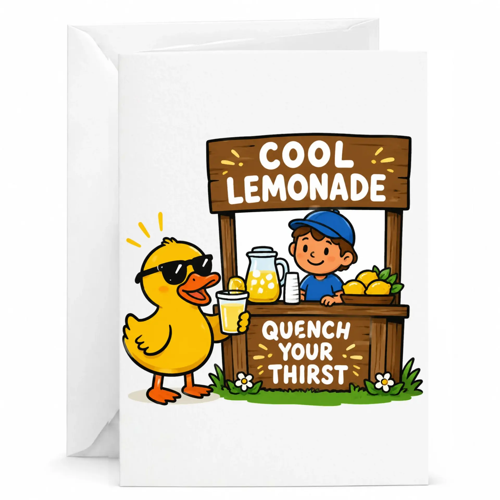Funny Lemonade Stand Duck Greeting Card for Birthday and Encouragement Cute Illustration 5x7 Folded Note