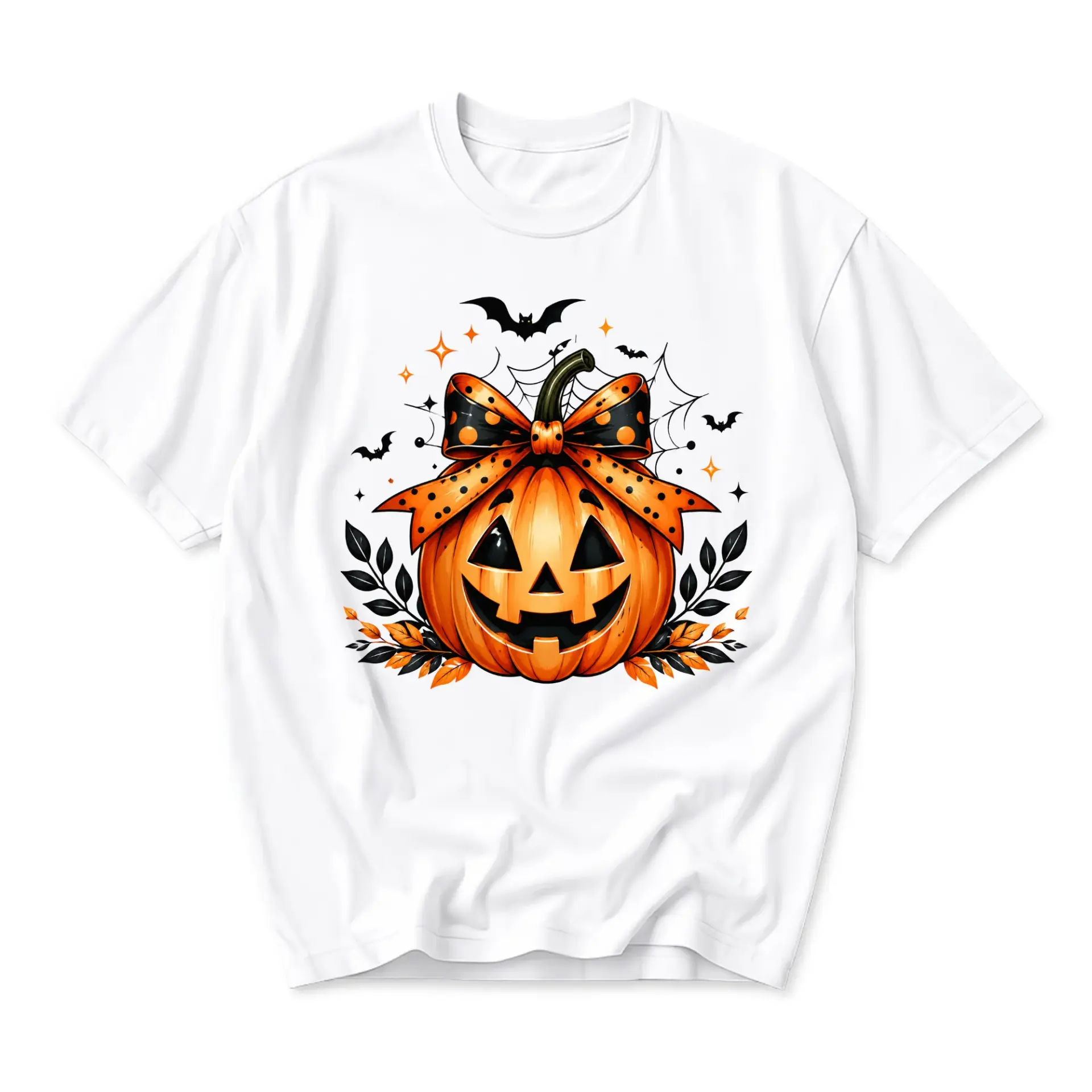 Graphic Tee Pumpkin with Bow Halloween Print Unisex Casual Crew Neck T-Shirt for Everyday Seasonal Fashion Wear