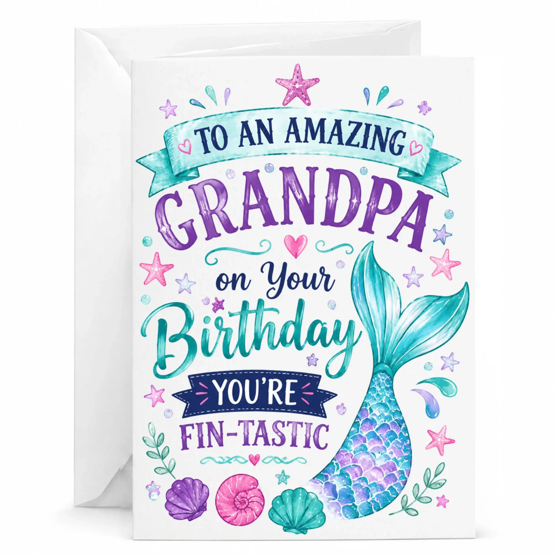 Greeting Card for Grandpa Birthday Fin-Tastic Mermaid Tail Design Whimsical Watercolor Style Marine Themed Note