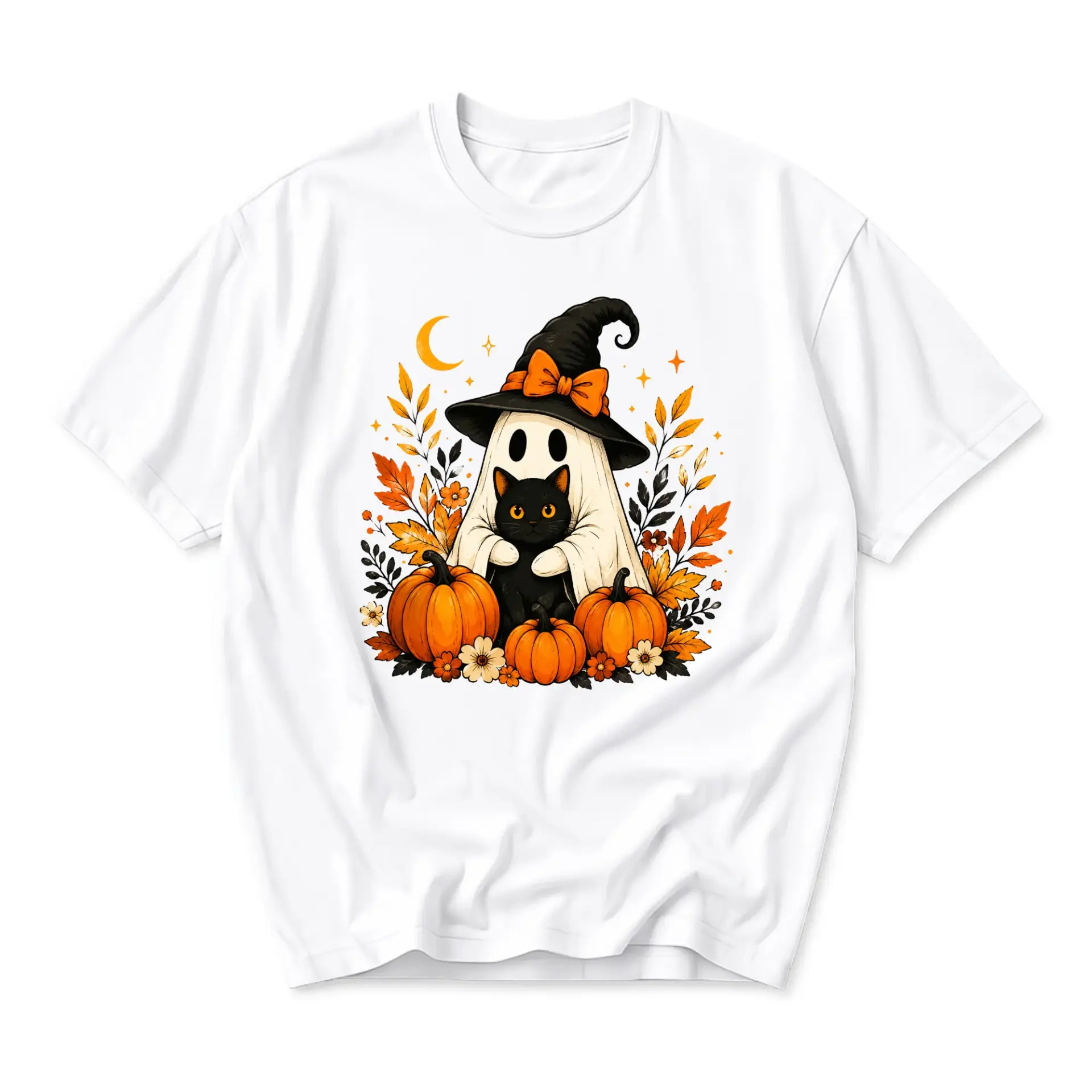 T-shirt Graphic Tee Featuring a Cute Ghost Wearing a Witch Hat with a Black Cat Surrounded by Fall Pumpkins and Leaves