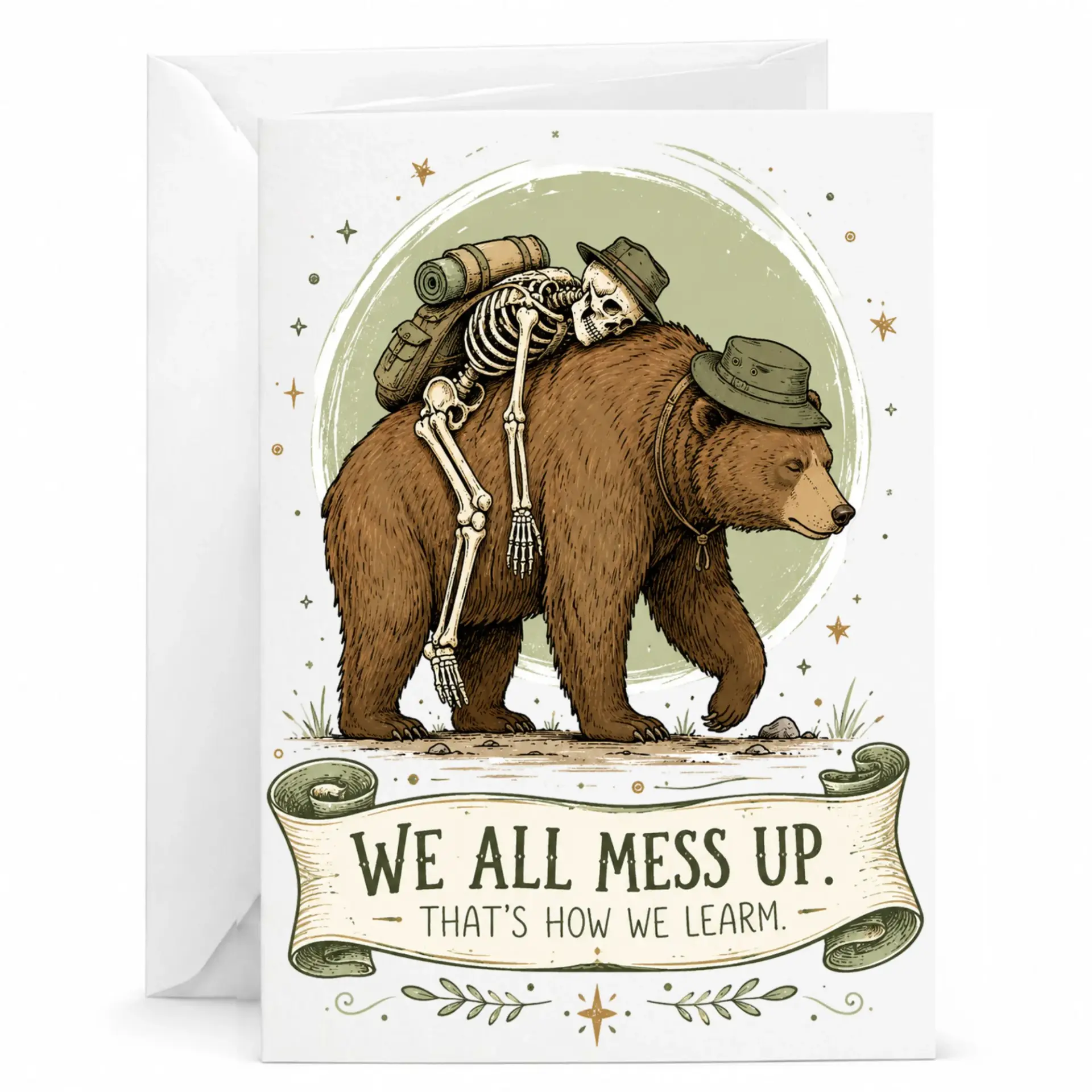 Funny Greeting Card Featuring a Skeleton Riding a Bear with Inspirational Quote for Life Lessons and Encouragement