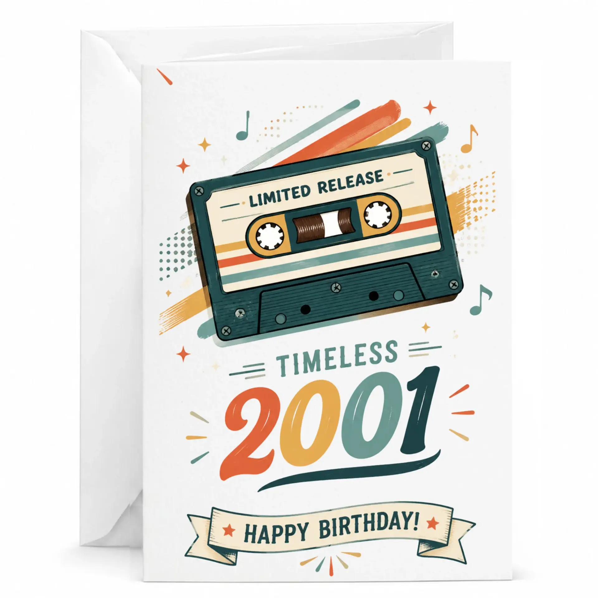 Birthday Card 2001 Retro Cassette Tape Design Funny Vintage Music Theme Greeting Card with Envelope 5x7 Inches
