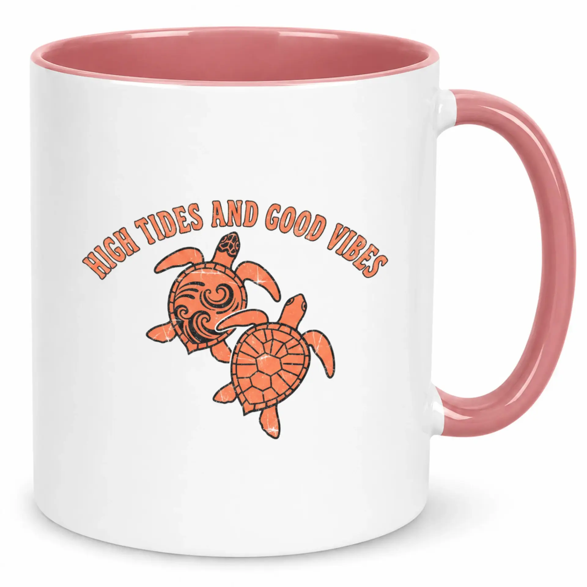 Ceramic Coffee Mug with Sea Turtle Design, High Tides and Good Vibes Pink Handle Two-Tone Drinkware for Ocean Lovers