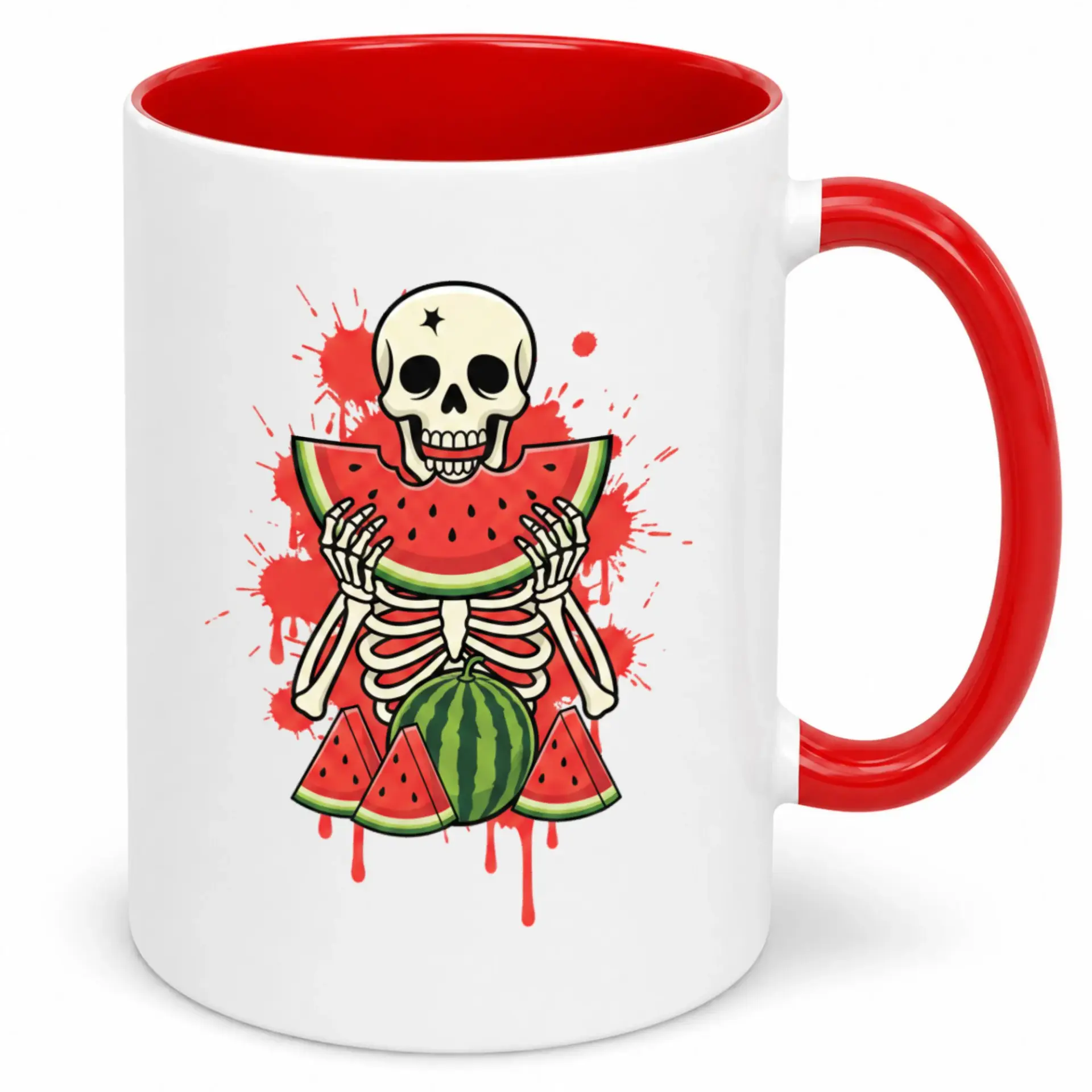 Novelty Skeleton Eating Watermelon Coffee Mug, Spooky Red Splatter Ceramic Drinkware, Unique Gift for Summer & Halloween Lovers