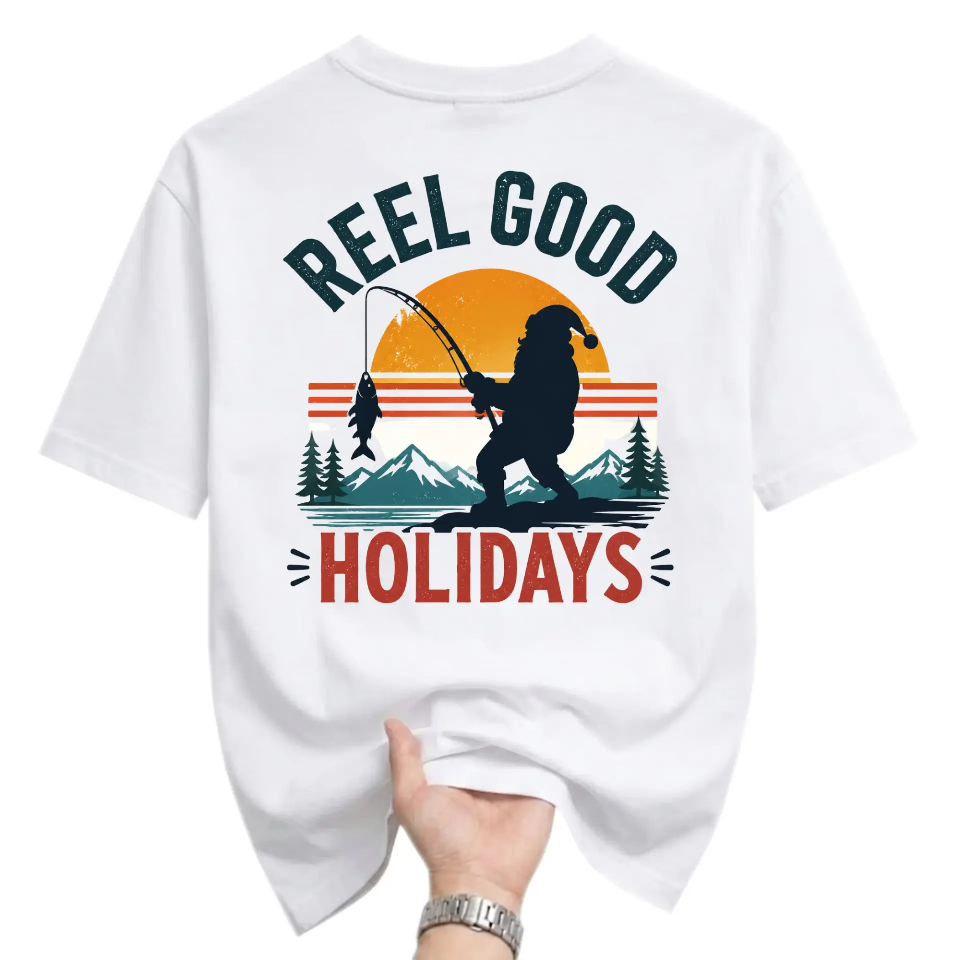 Funny Shirt Reel Good Holidays Fishing Santa Graphic Tee Unisex Casual Crew Neck Comfortable Cotton Blend Summer Top