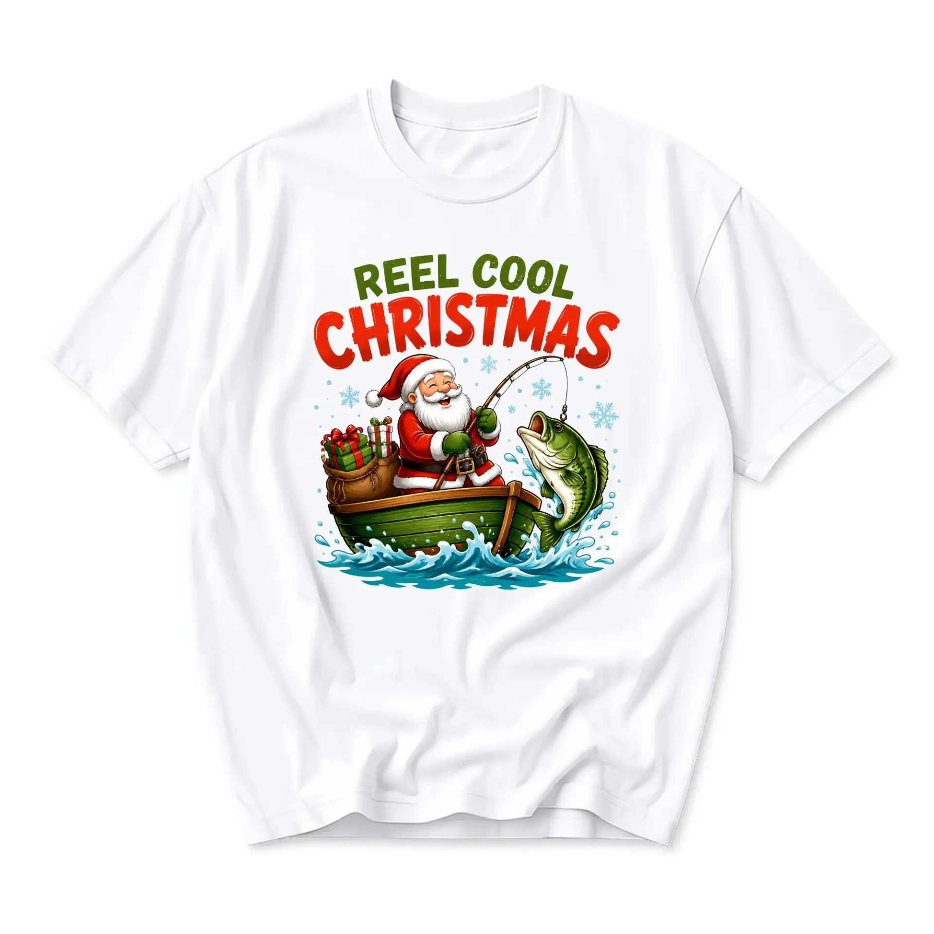 Funny Shirt Reel Cool Christmas Santa Claus Fishing Graphic Tee Unisex Short Sleeve Crew Neck Holiday Casual Apparel