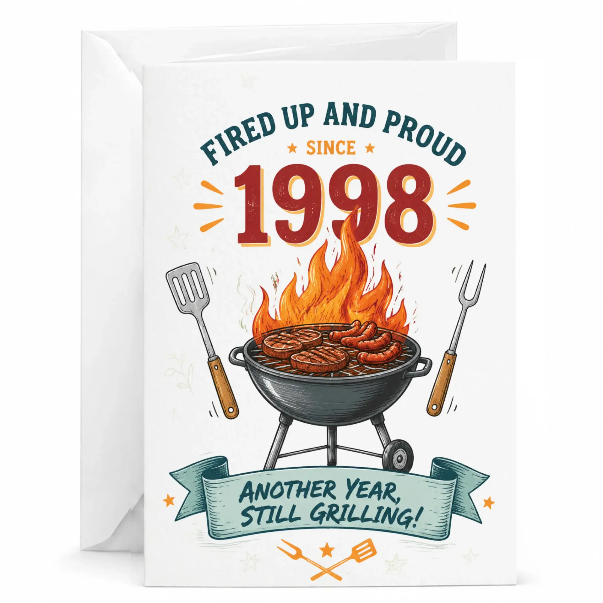 Greeting Card for Barbecue Lovers Fired up and Proud Since 1998 Funny Grill Master Birthday Anniversary Note Card