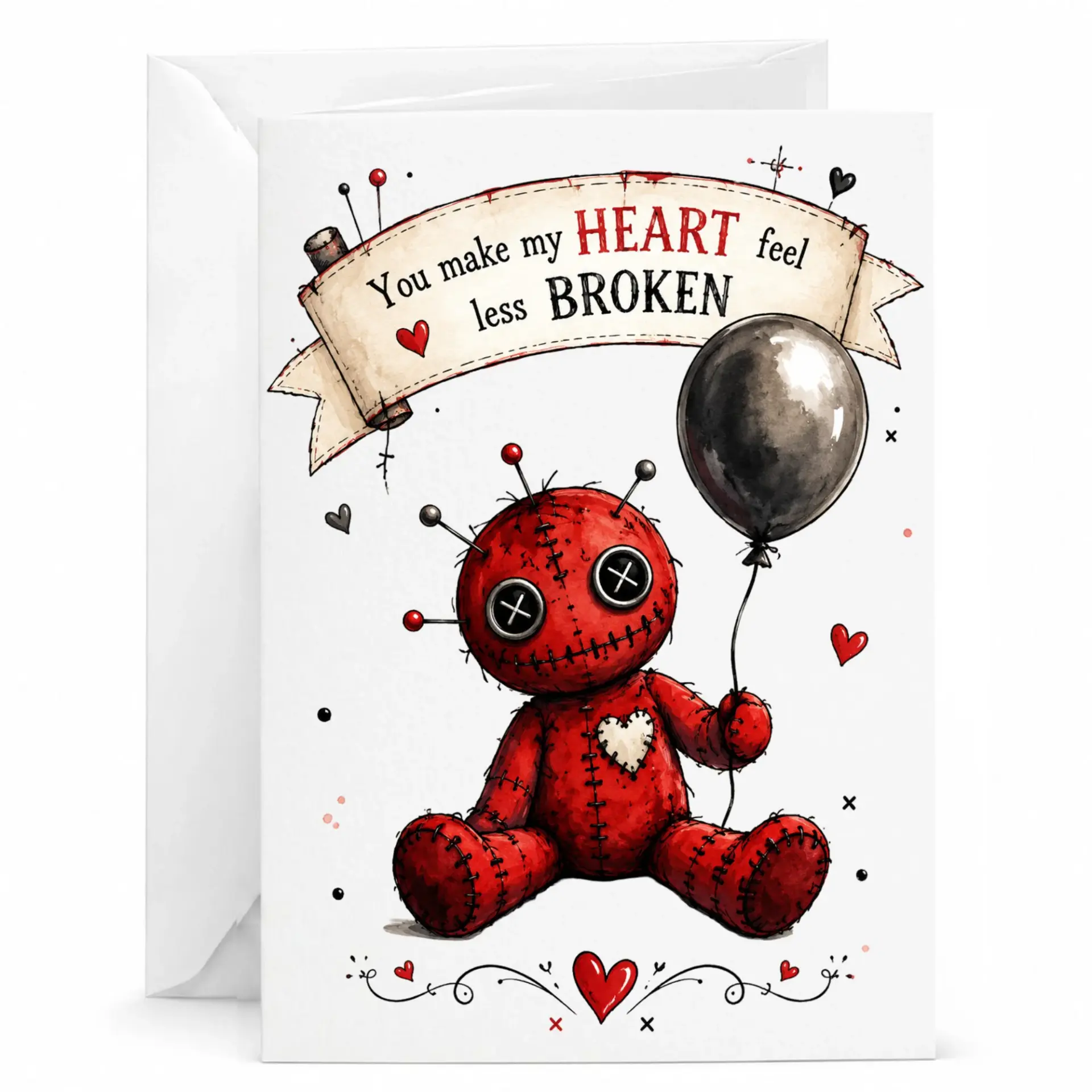 Funny Doll Greeting Card Cute Gothic Love Humorous Heartfelt Note for Anniversary or Special Someone