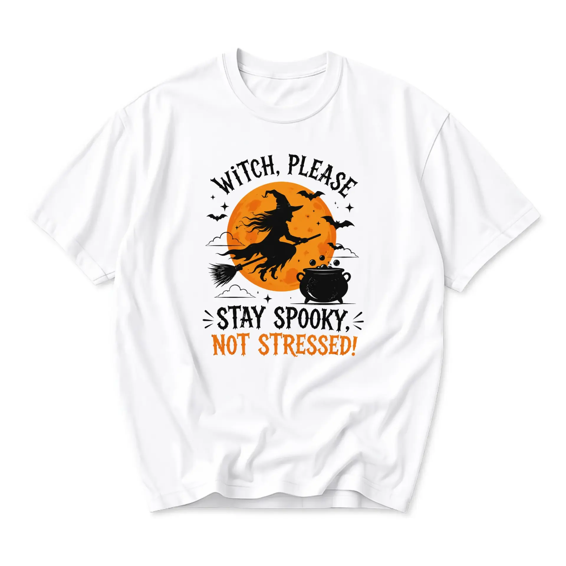 Funny Shirt Witch Please Stay Spooky Not Stressed Graphic Tee Unisex Crew Neck Casual Cotton Blend Apparel