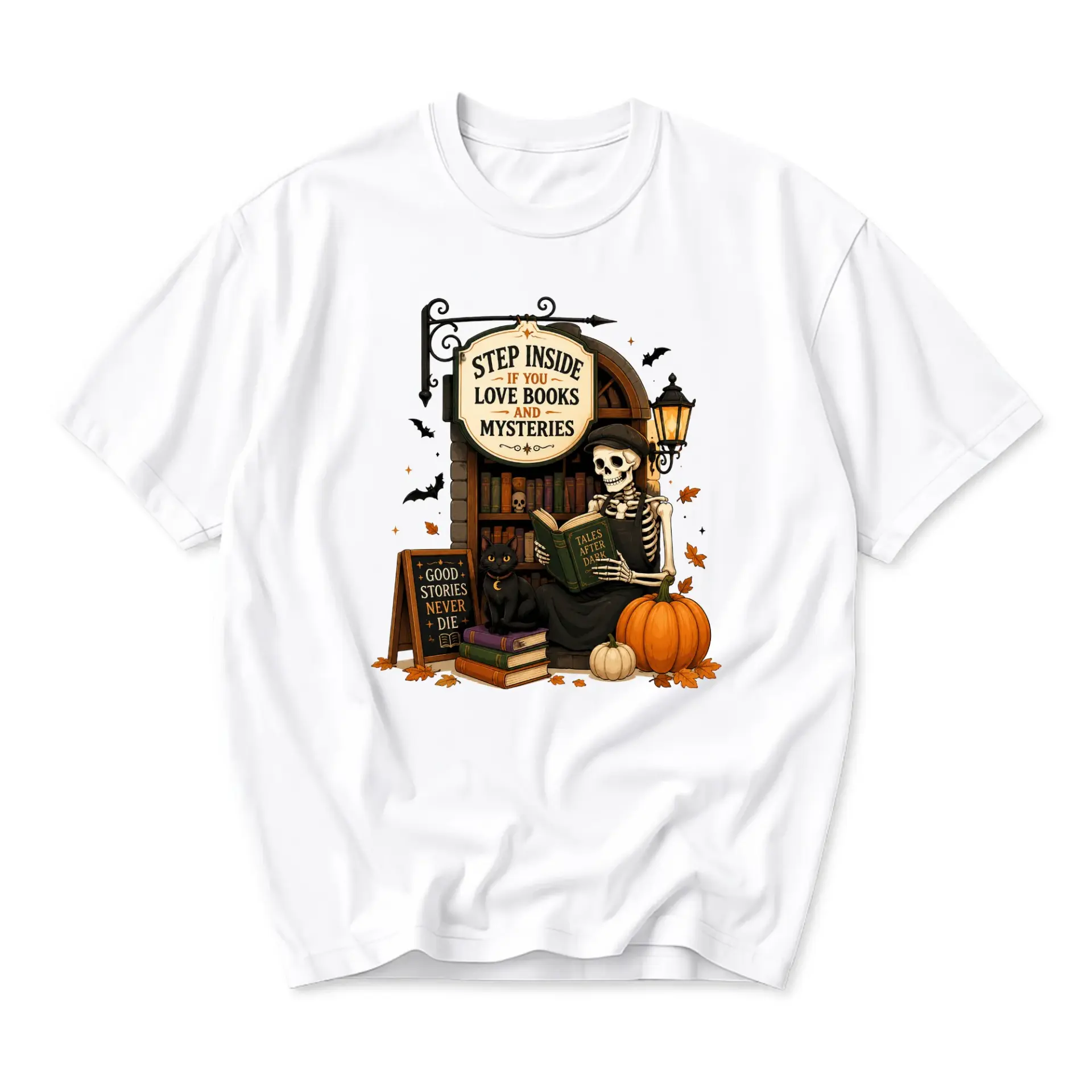 Graphic Tee Unisex Crew Neck Short Sleeve Shirt Featuring Skeleton Reader Bookish Fall Autumn Aesthetic Design