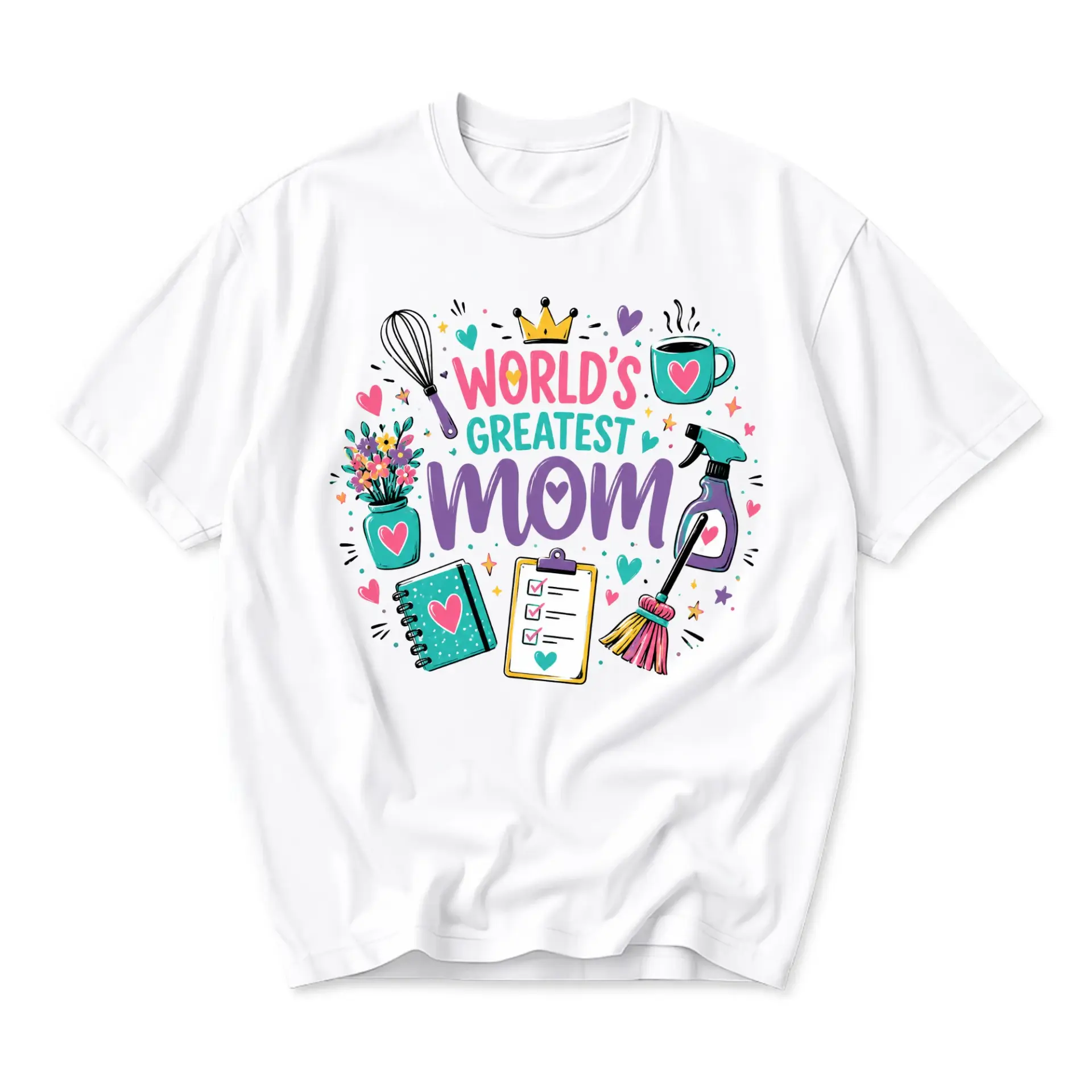 Graphic Tee World's Greatest Mom Colorful Illustration Casual Unisex Short Sleeve Crew Neck Cotton Blend Shirt