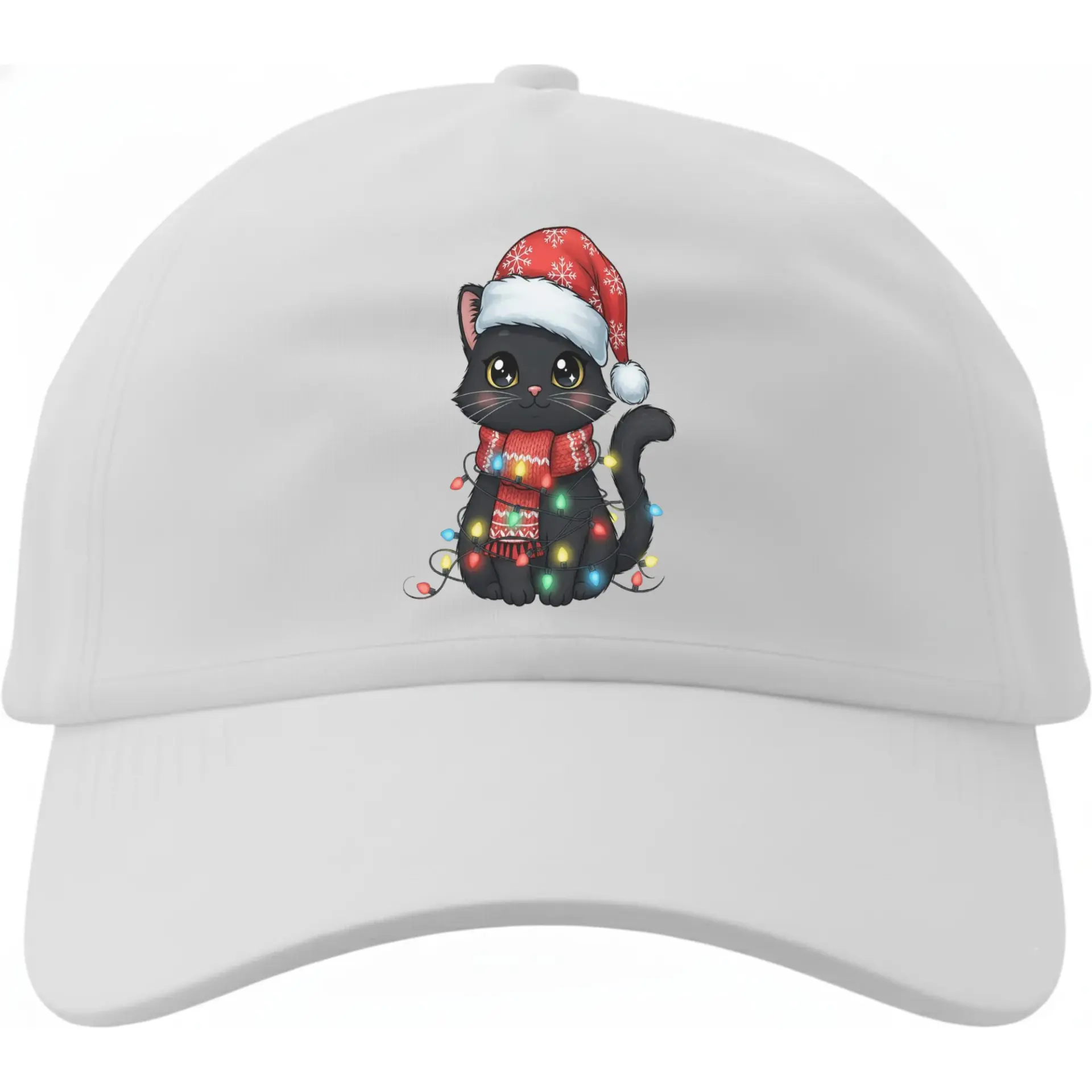 Baseball Cap Featuring Festive Holiday Black Cat Graphic with Christmas Lights Scarf and Santa Claus Hat Design