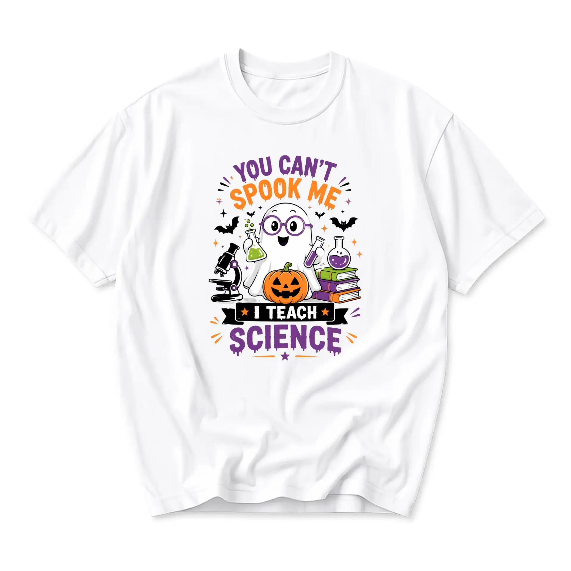 Funny Shirt Science Teacher Halloween Ghost Graphic Tee Unisex Crew Neck Short Sleeve Cotton Apparel for Fall Educators