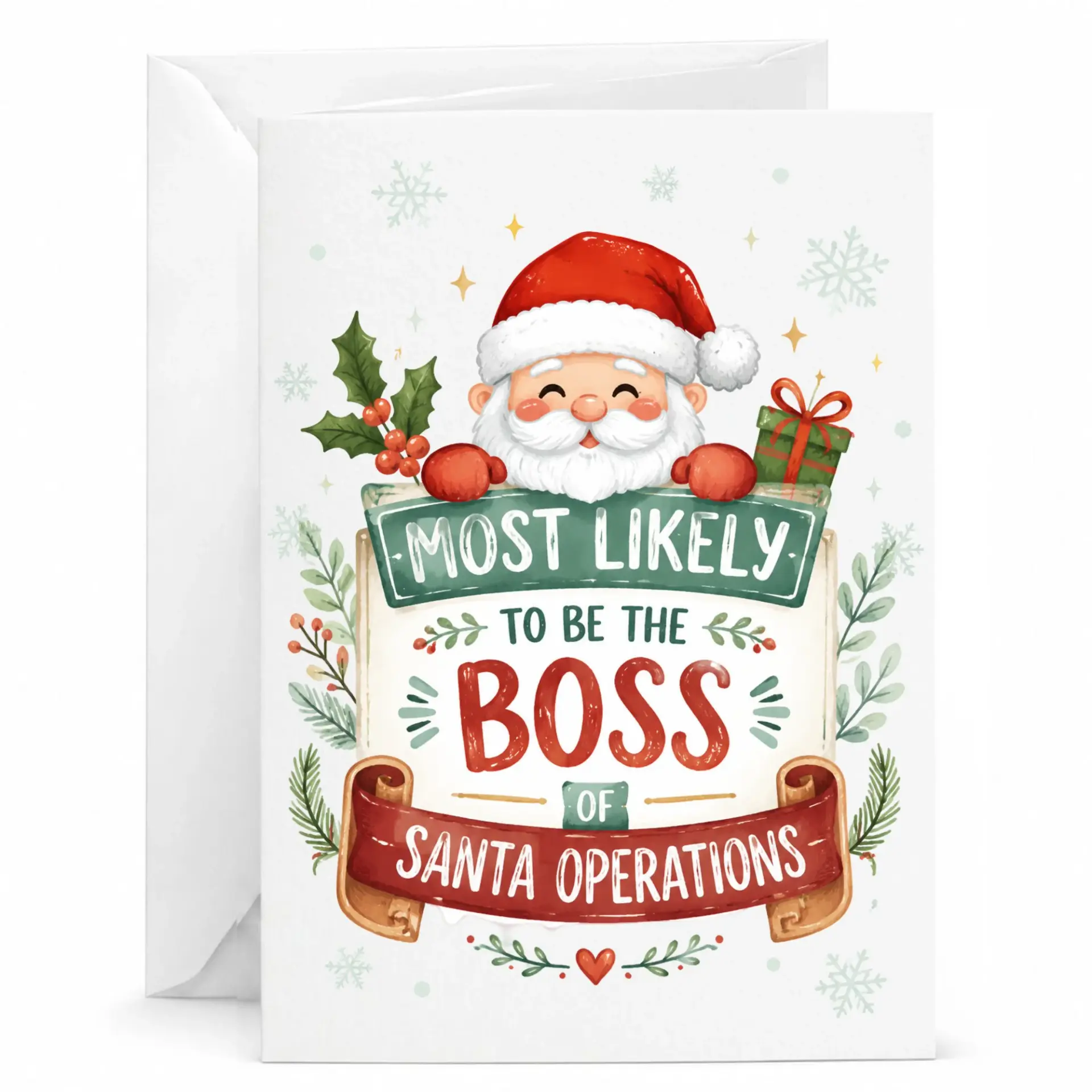 Funny Christmas Greeting Card, Most Likely to Be the Boss of Santa Operations Holiday Note with Matching Envelope