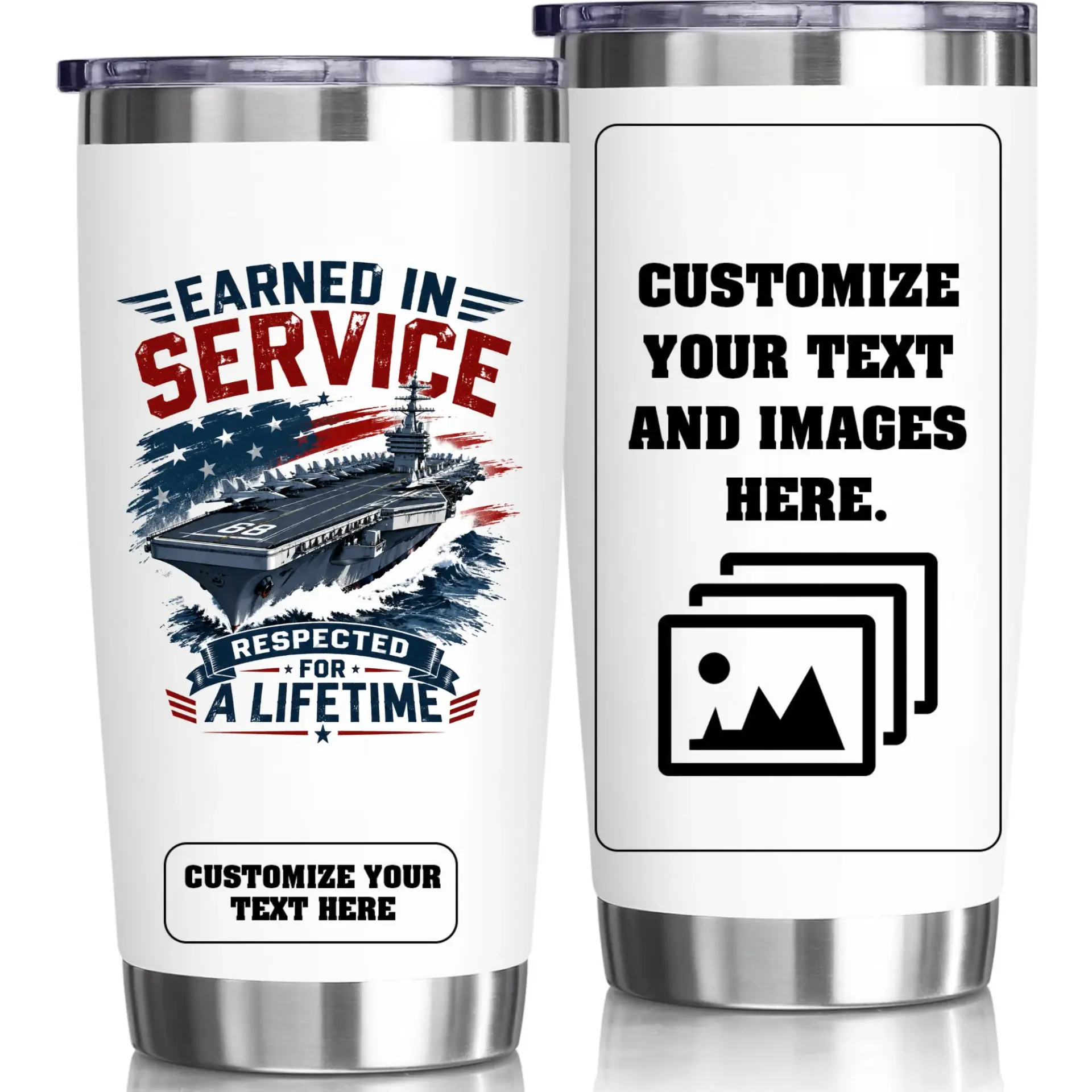 Risk: the Design Contains an Aircraft Carrier Silhouette with the Number 68, Which Clearly References the Uss Nimitz (cvn-68), a Specific Us Military Vessel, and Features a National Flag, Triggering the Ip and Restricted Content Risk Criteria.