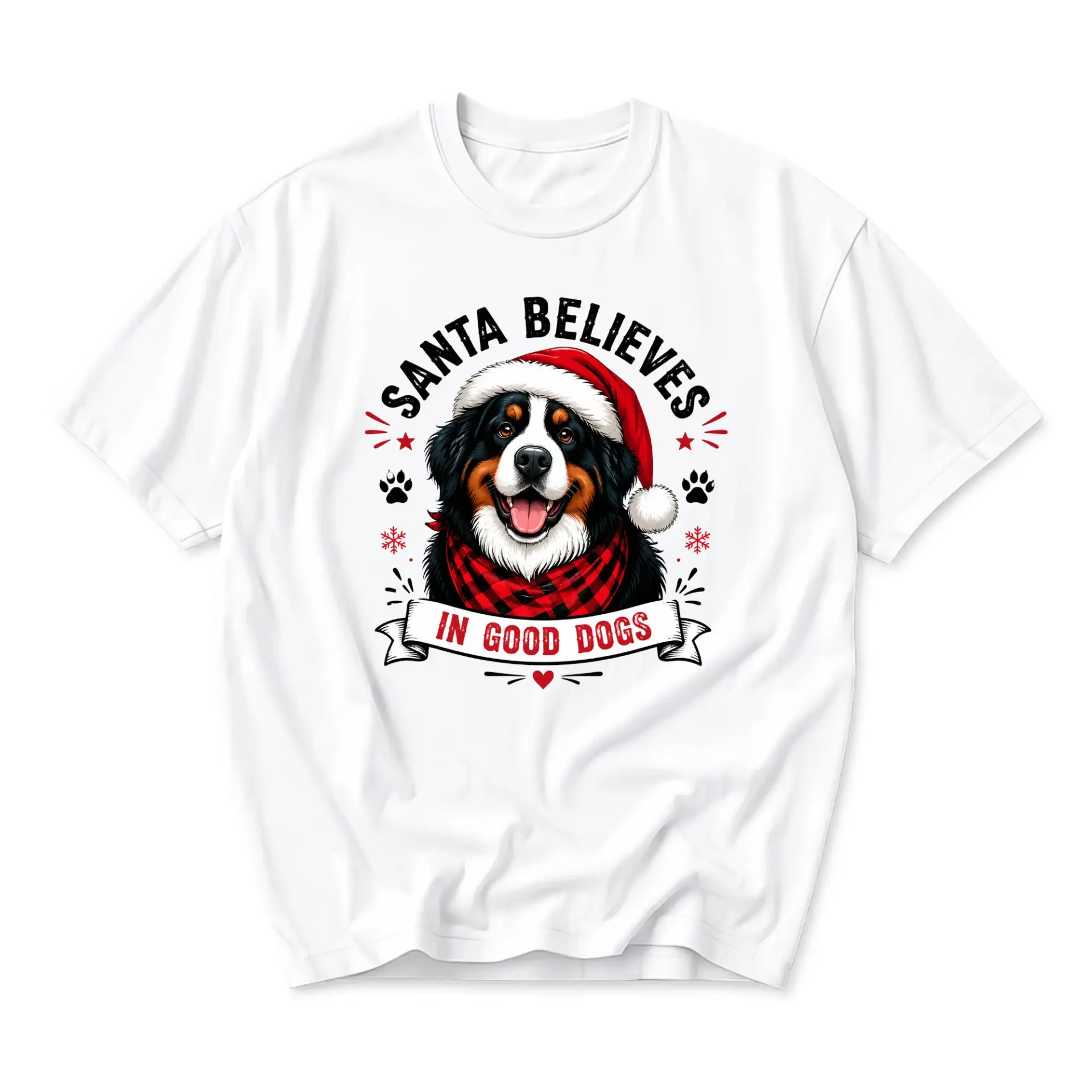 Funny Shirt Santa Believes in Good Graphic Tee Bernese Mountain Dog Holiday