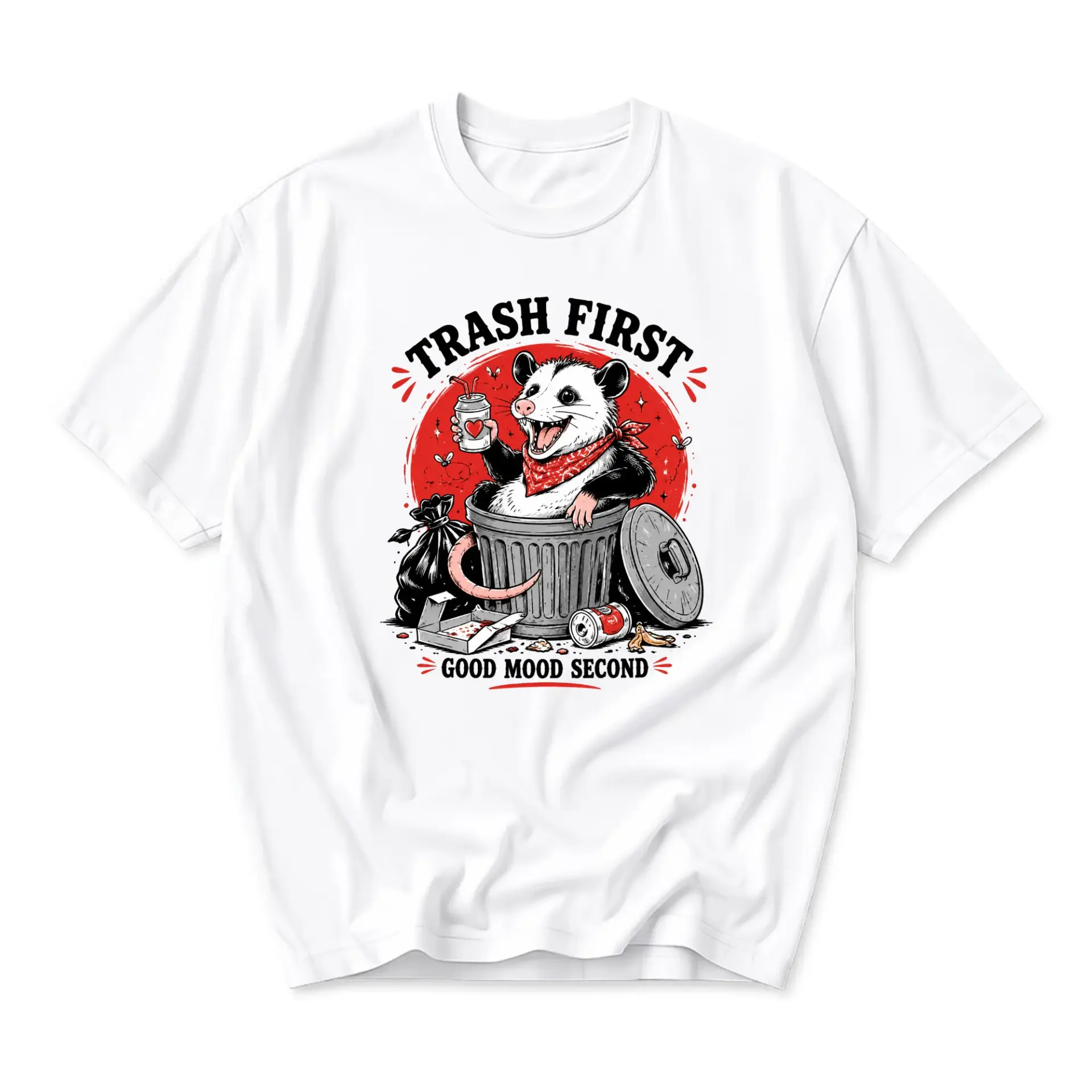 Funny Shirt Trash First Good Mood Second Opossum Graphic Tee for Casual Wear and Everyday Comfort Unisex Crew Neck