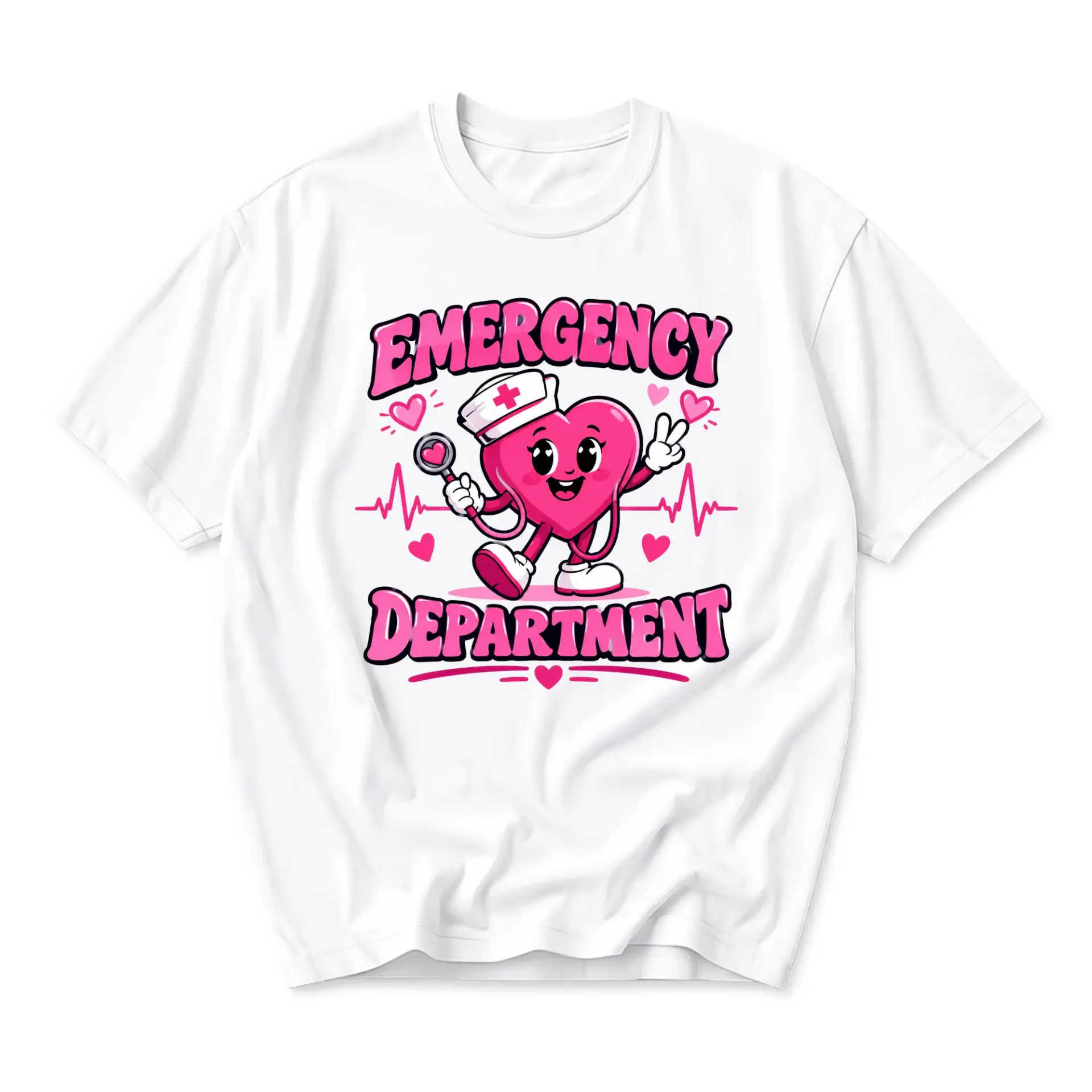 Funny Shirt Emergency Department Graphic Tee Cute Heart Nurse Cartoon Unisex Casual Cotton Crew Neck Apparel
