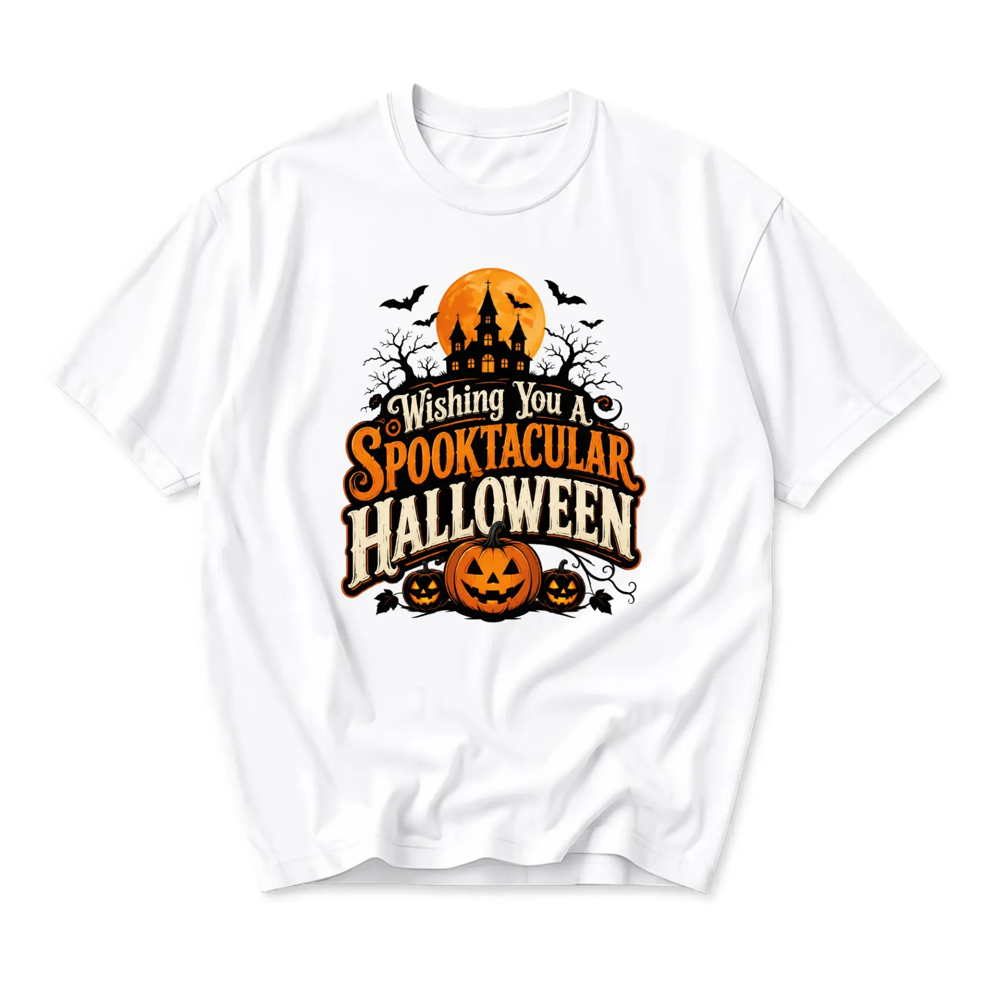 Graphic Tee Wishing You a Spooktacular Halloween Haunted House Pumpkin Unisex Crew Neck Cotton Blend Casual Shirt