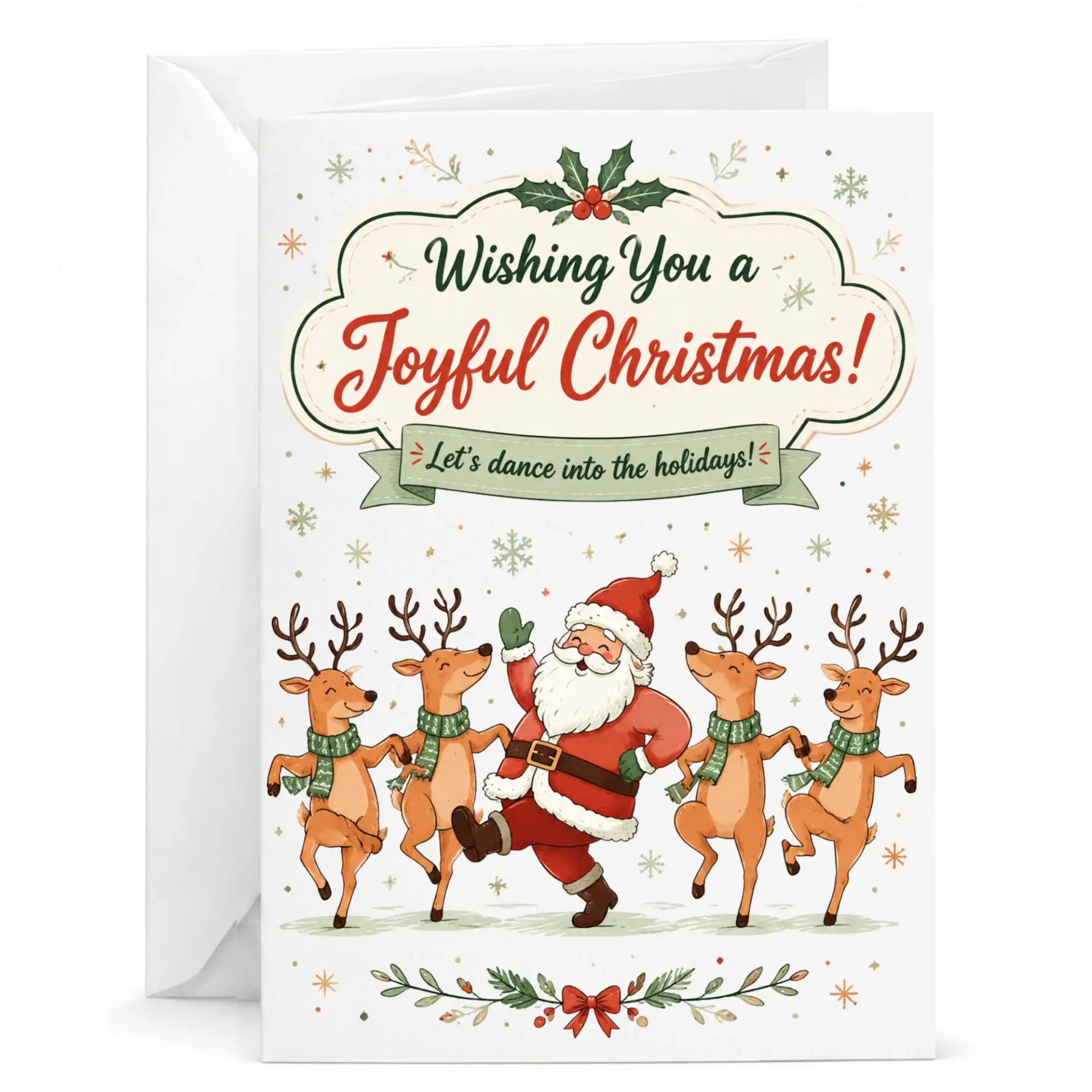 Greeting Card Joyful Christmas Santa Dancing with Reindeer Festive Seasonal Holiday Greeting for Friends and Family