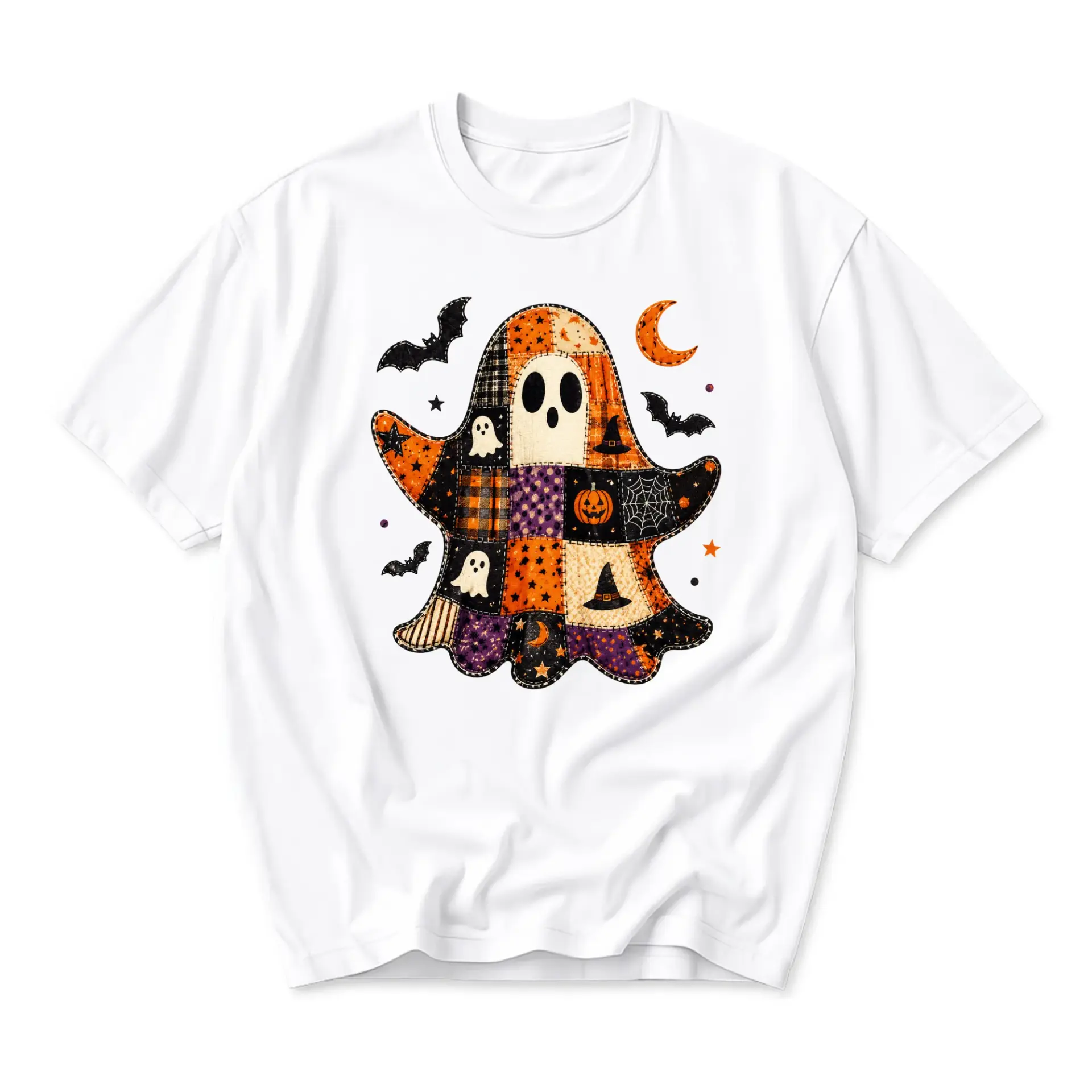 T-shirt Halloween Ghost Graphic Tee Patchwork Quilt Pattern Spooky Fall Season Unisex Crew Neck Casual Cotton Shirt