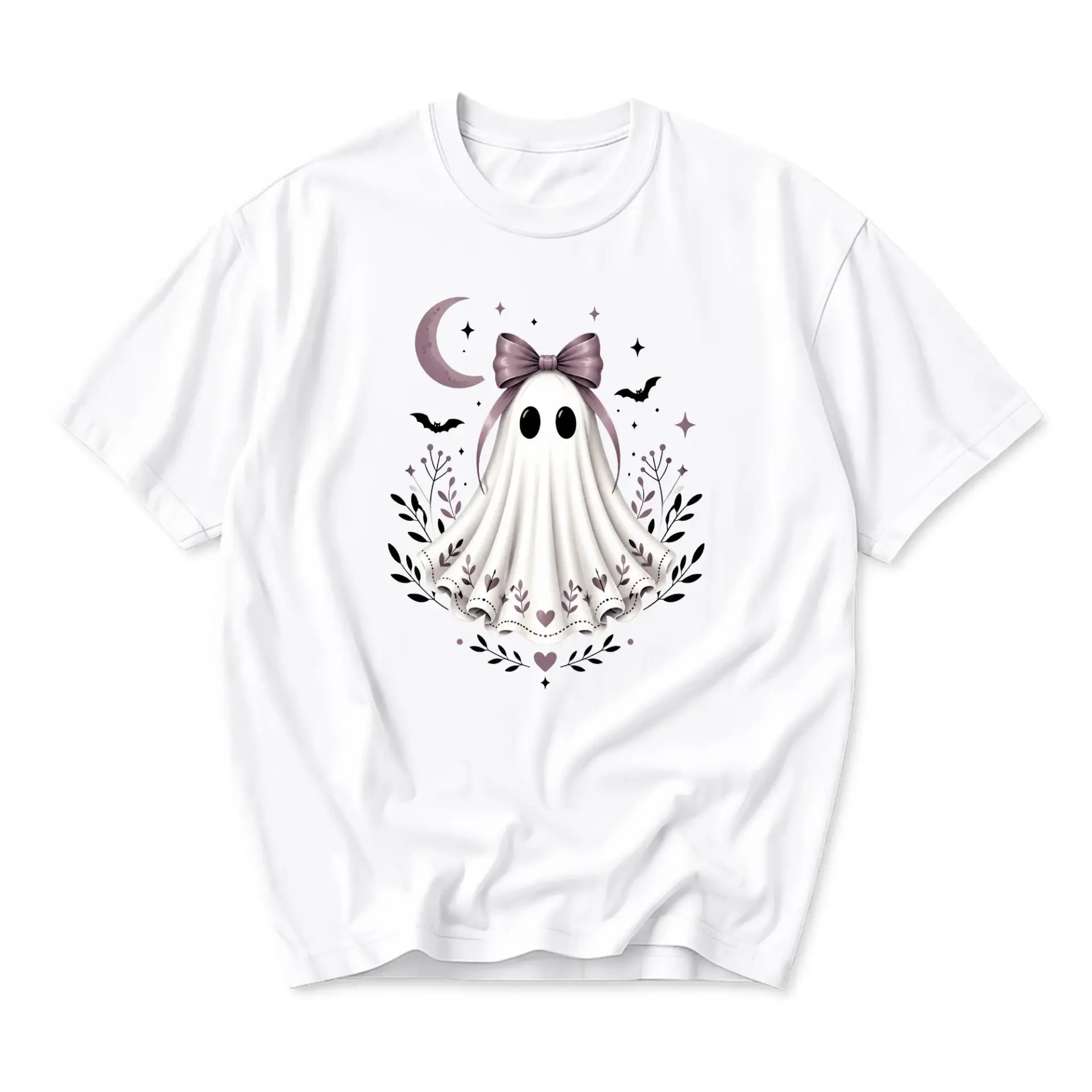 Graphic Tee Ghost with Bow and Crescent Moon Design Unisex Crew Neck Soft Cotton Blend Casual Everyday Short Sleeve Shirt