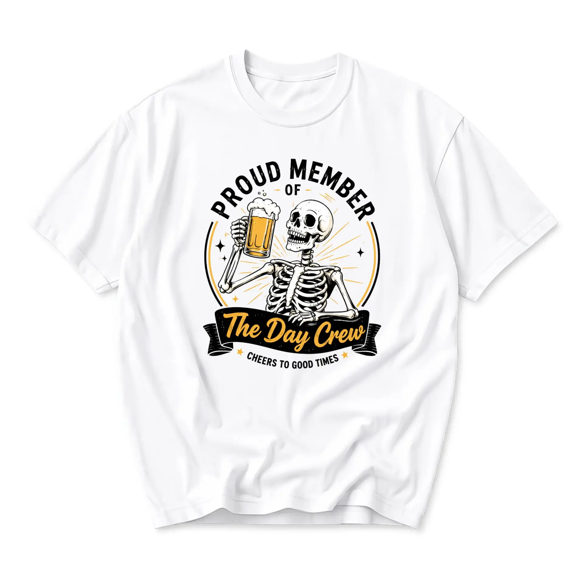 Funny Shirt Proud Member of the Day Crew Graphic Tee Unisex Casual Apparel with Skeleton Drinking Beer Illustration