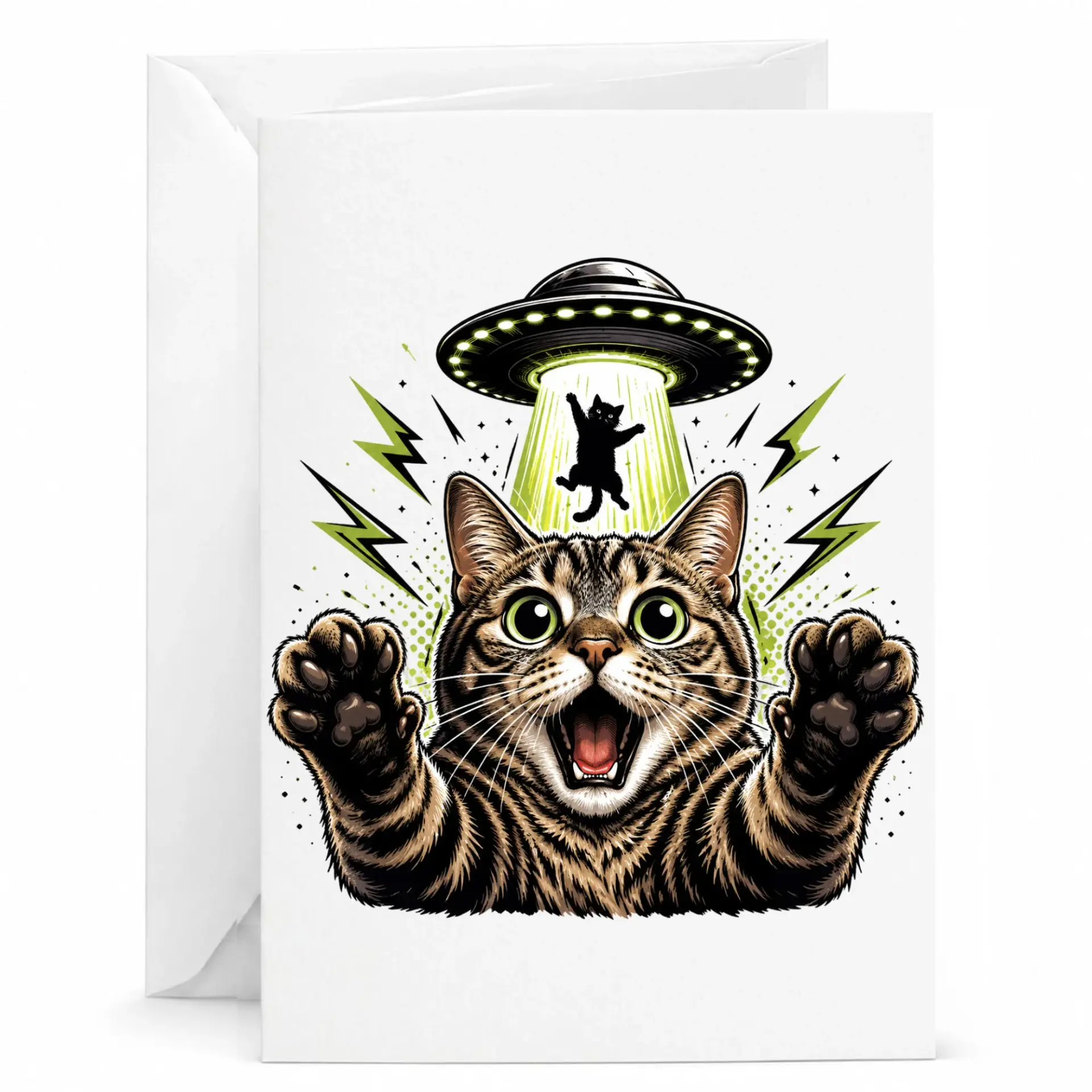 Funny Cat Greeting Card Cute Abduction Artwork for Any Occasion with White Envelope 5x7