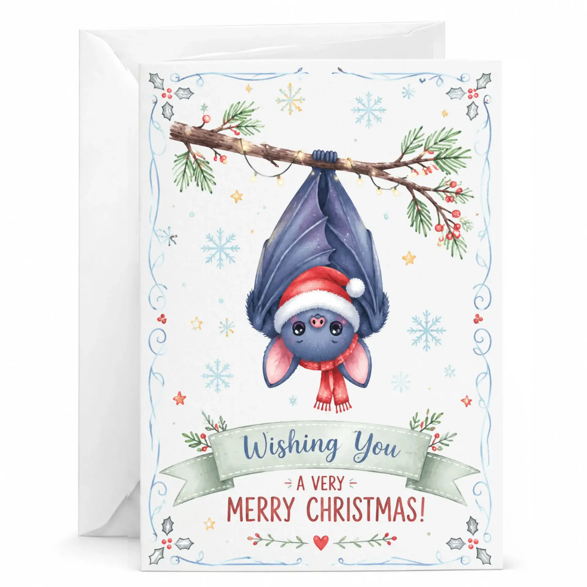 Greeting Card Wishing You a Very Merry Christmas Featuring a Cute Bat Wearing a Santa Hat and Red Winter Scarf Design