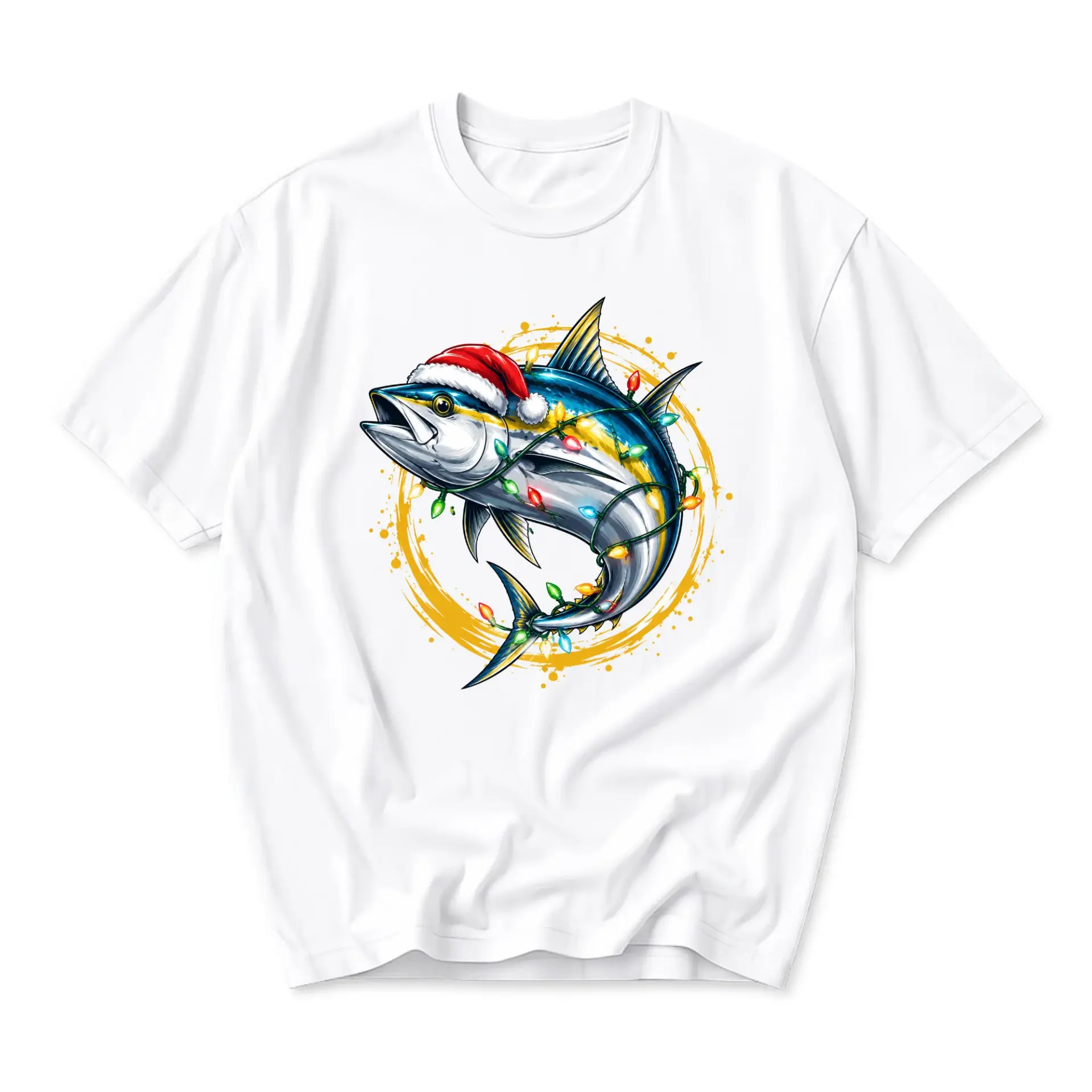 Graphic Tee Unisex Crew Neck T-Shirt Featuring a Festive Tuna Fish Wearing a Santa Hat with Holiday Lights